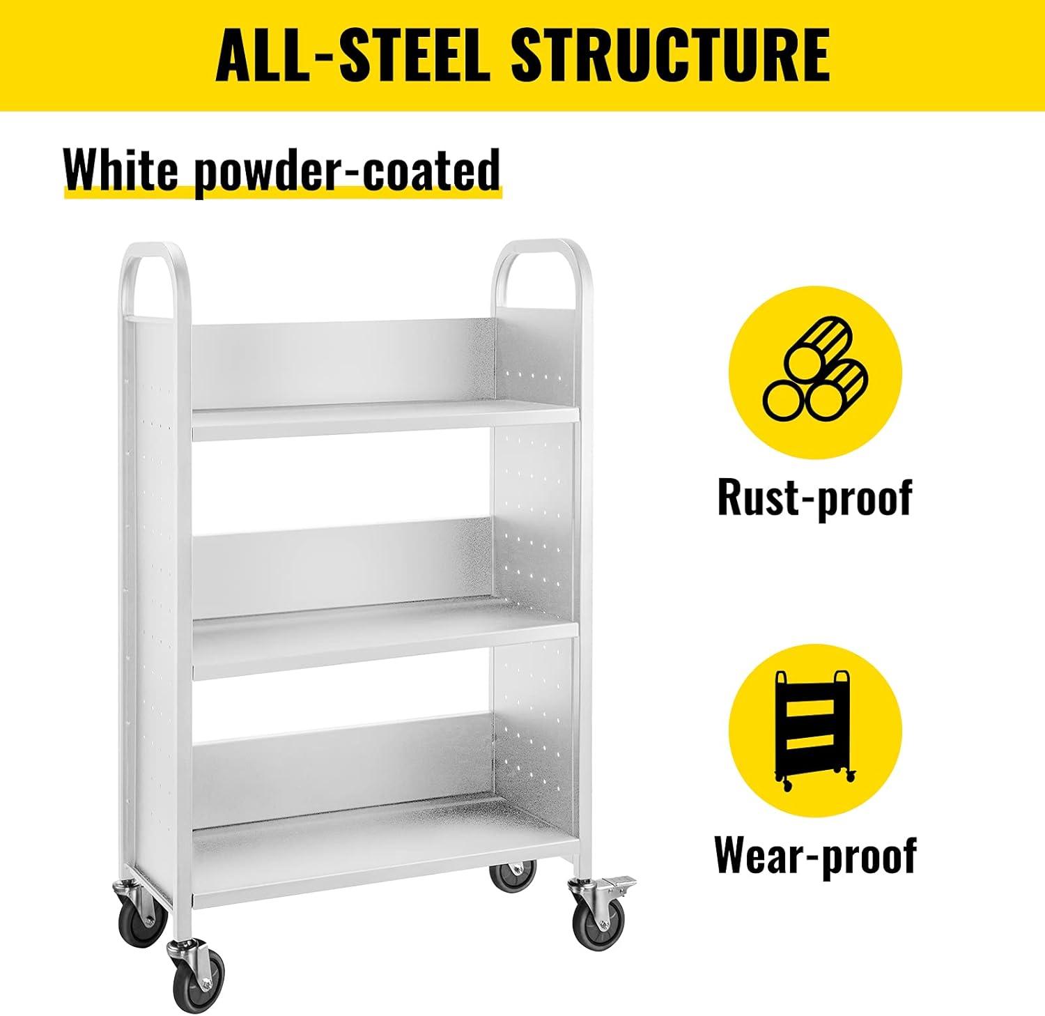 White Steel L-Shaped Rolling Book Cart with Lockable Wheels