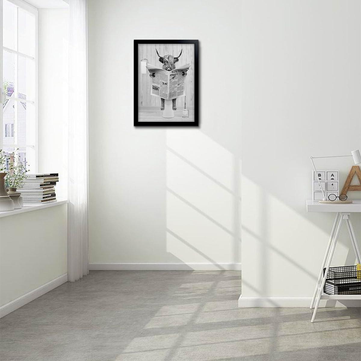 Modern Black Framed Highland Cow Wall Art Minimalist Bathroom Wall Decor Cute Funny Animals Artwork Canvas Prints Ready to Hang for Guest Bathroom, Hotel, Condo, Kids Bathroom, 12”x16”