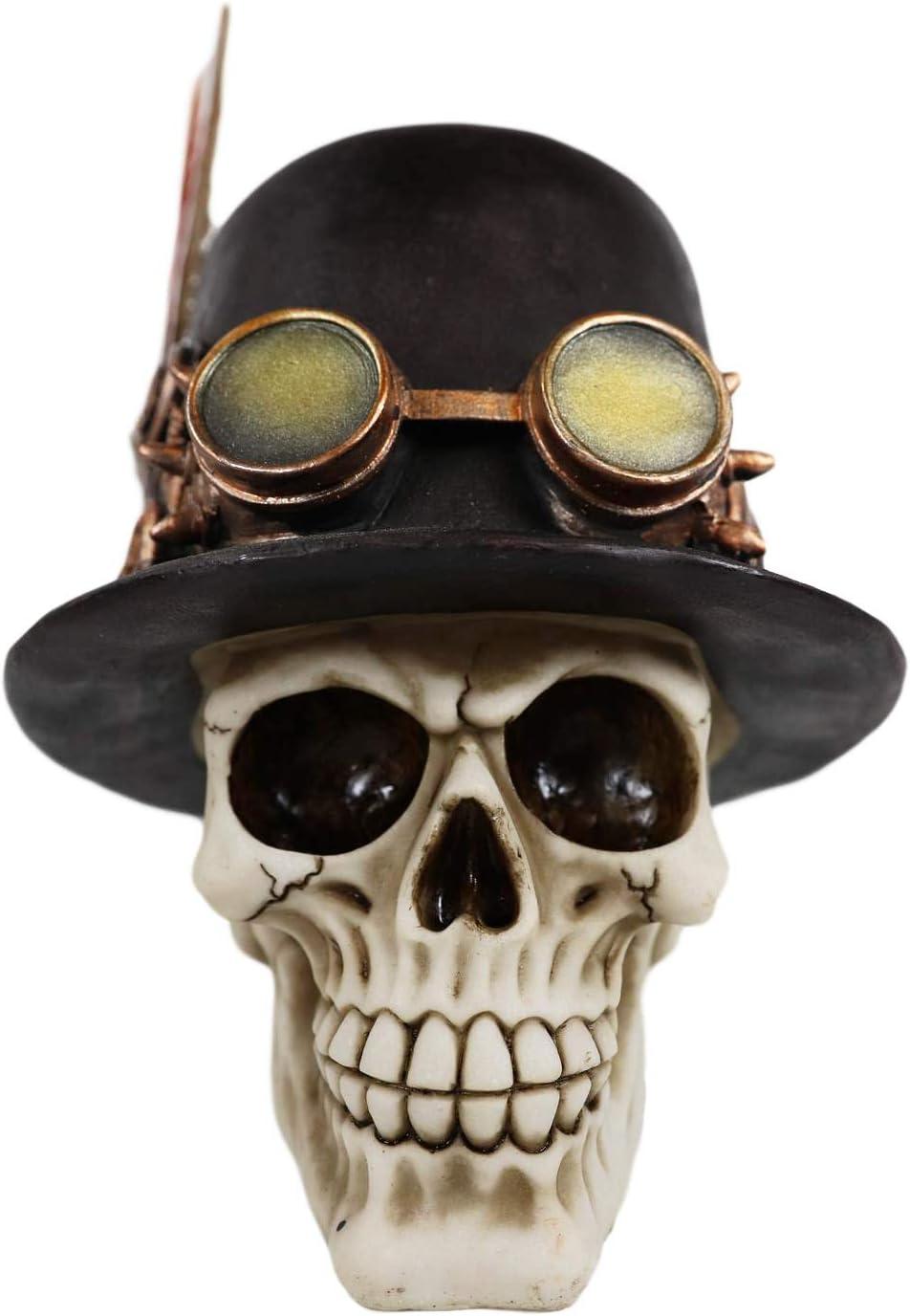 Aristocrat Steampunk Skull with Royal Feather & Goggles Figurine