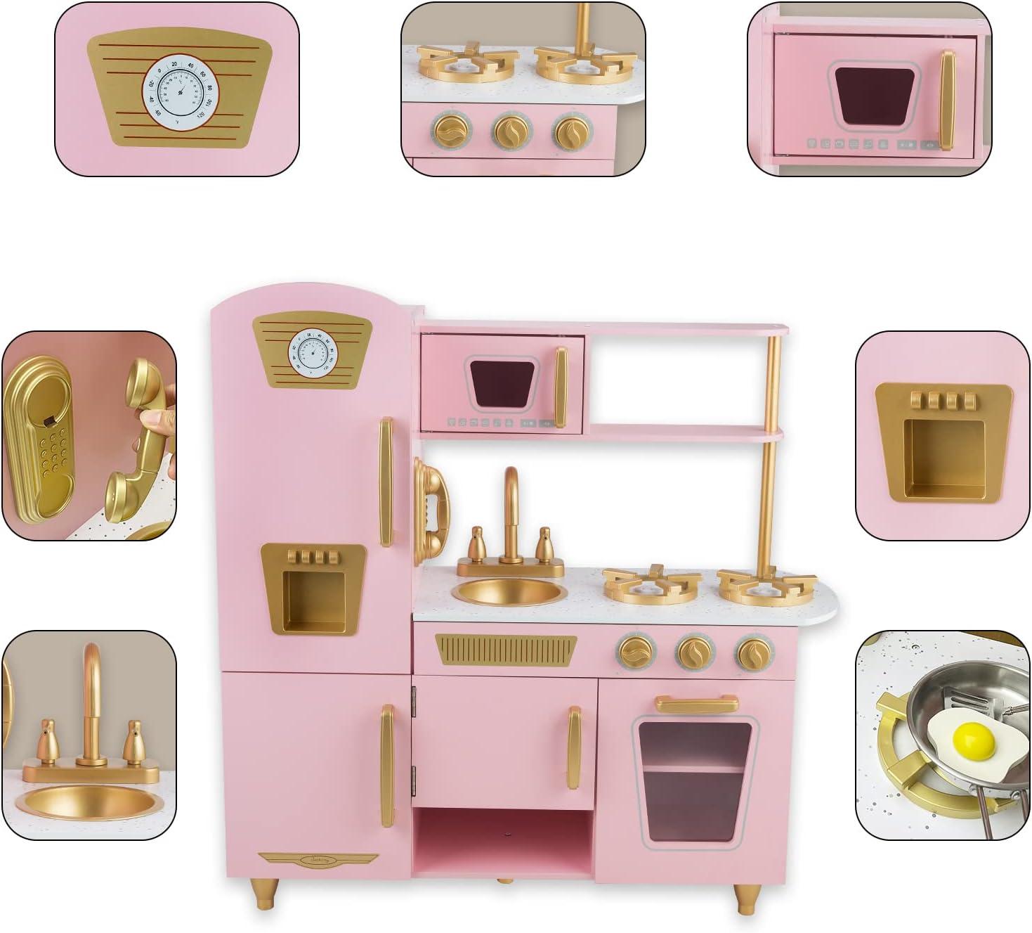 Pink Wooden Kids Kitchen Playset with Telephone and Ice Maker