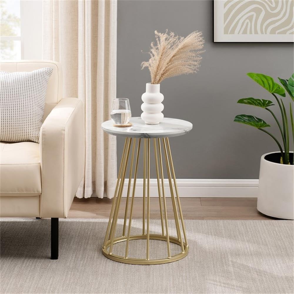 16" Modern Wood Side Table with Metal Caged Base - White Marble / Gold