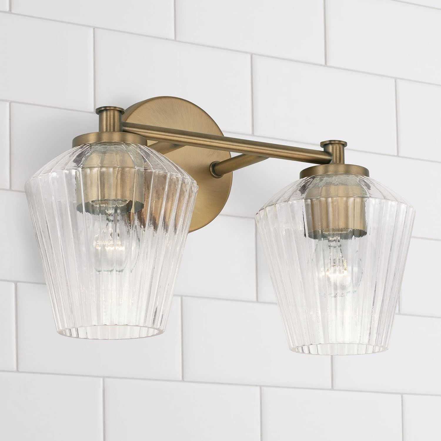 Elegant Aged Brass 2-Light Vanity with Fluted Glass Shades