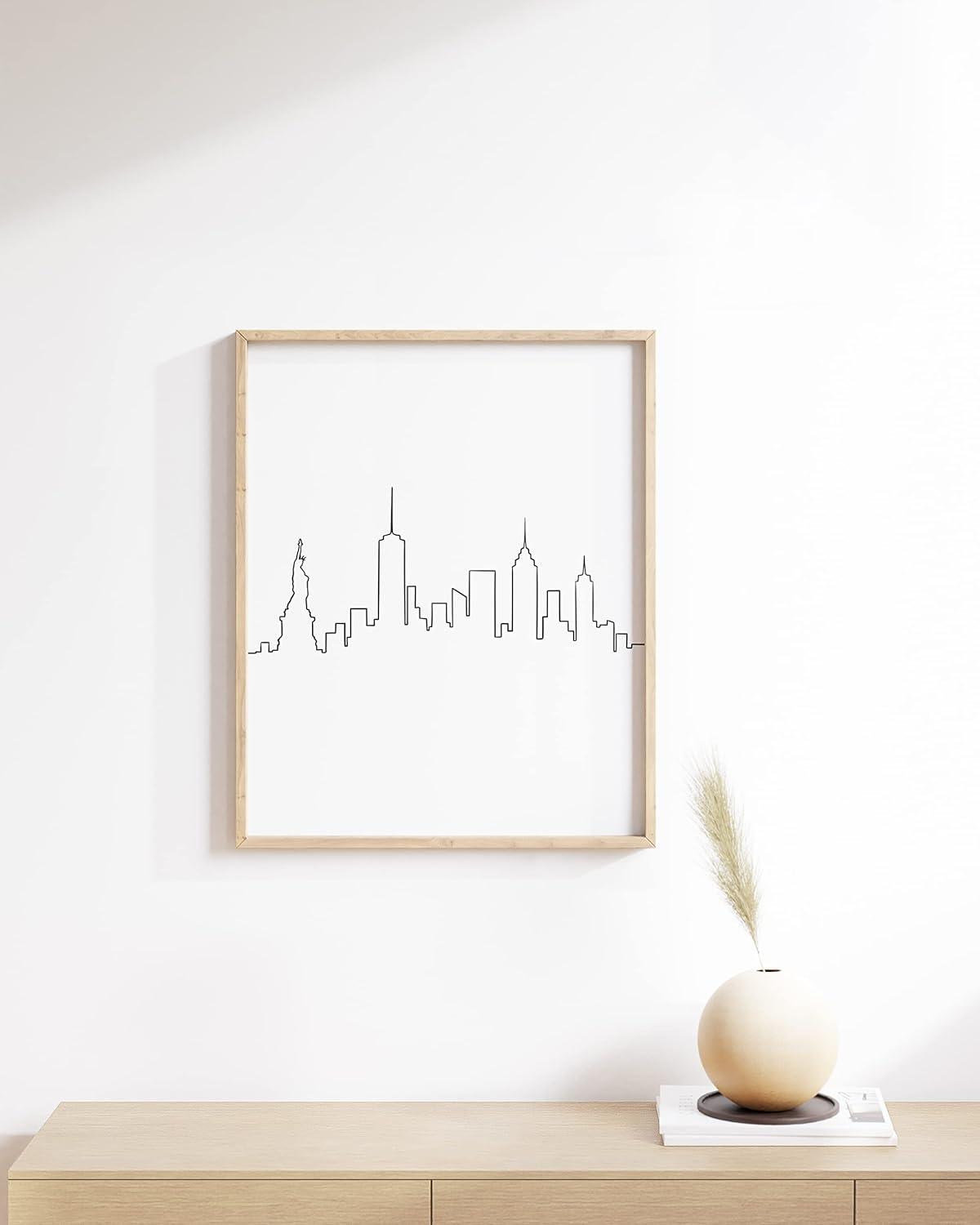 Black and White NYC Skyline Print with Beige Oak Frame