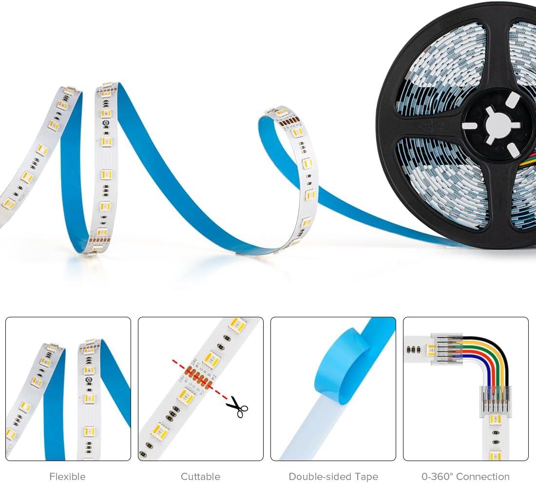 BTF-LIGHTING RGBCCT 5 Colors in 1 LED 5050SMD RGBWW RGB+Dimmable Tunable Color Temperature 2700K-6500K 16.4ft 60LEDs/m 300LEDs DC24V Multi-Colored Tape Lights IP30 White PCB(No Adapter or Controller)