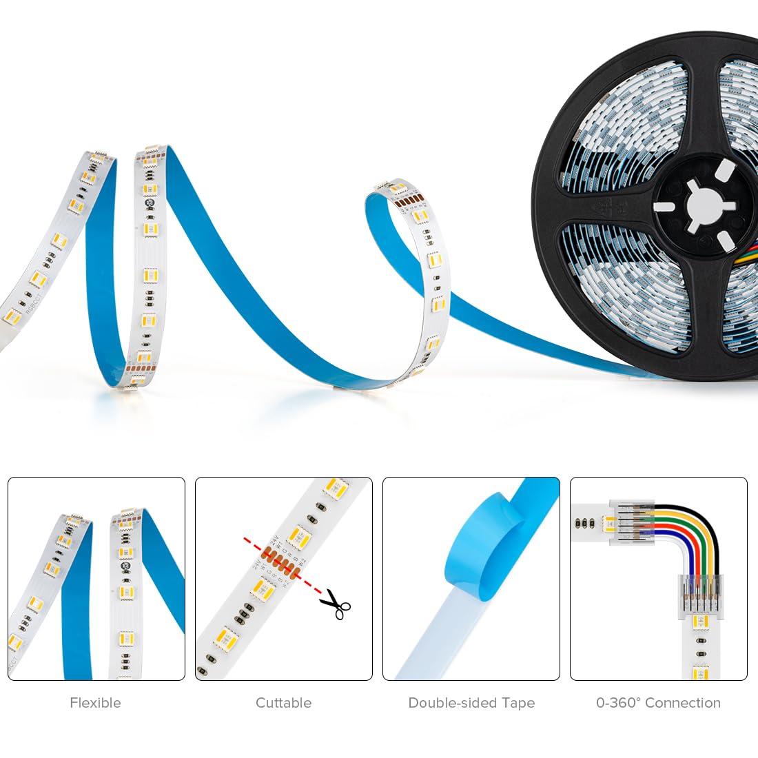 BTF-LIGHTING RGBCCT 5 Colors in 1 LED 5050SMD RGBWW RGB+Dimmable Tunable Color Temperature 2700K-6500K 16.4ft 60LEDs/m 300LEDs DC24V Multi-Colored Tape Lights IP30 White PCB(No Adapter or Controller)