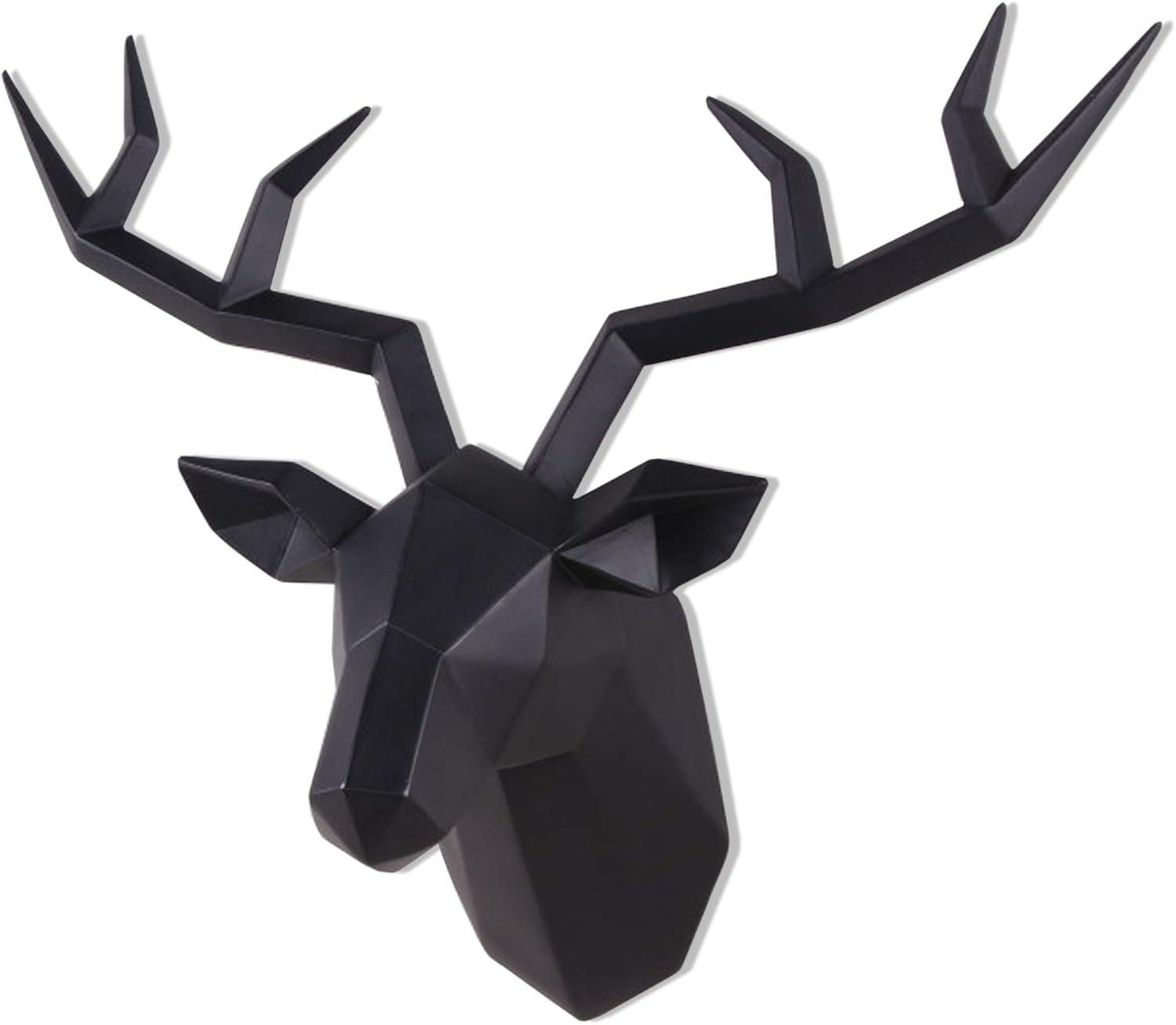 Deer Head Wall Decor Geometrical Black Deer Antlers Wall Sculpture Faux Taxidermy Resin Wall Animal Head 14x5.5x11 Inches
