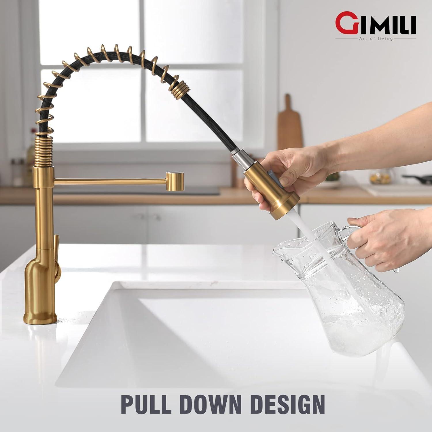 MOGFCT Kitchen Faucet Spring Pull Down Single Handle Brass Deck Mounted Kitchen Sink Faucets (Brushed Gold)