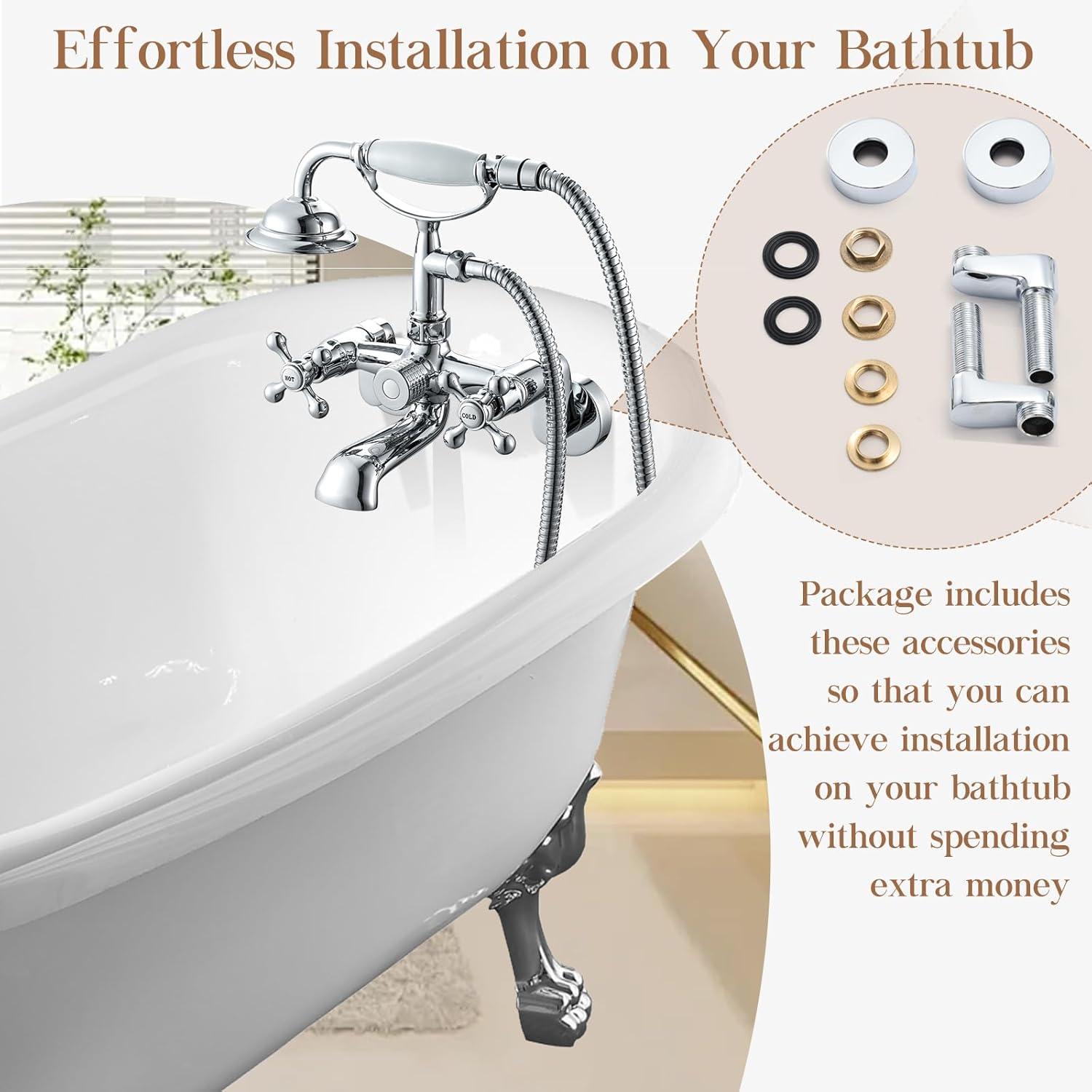 Wasserrhythm Clawfoot Tub Faucet and Shower Kit Chrome Wall Mount Tub Faucet G1/2 Vintage Tub Faucet Victorian Clawfoot Tub Faucet with Hand Shower Set Brass Double Cross Handle