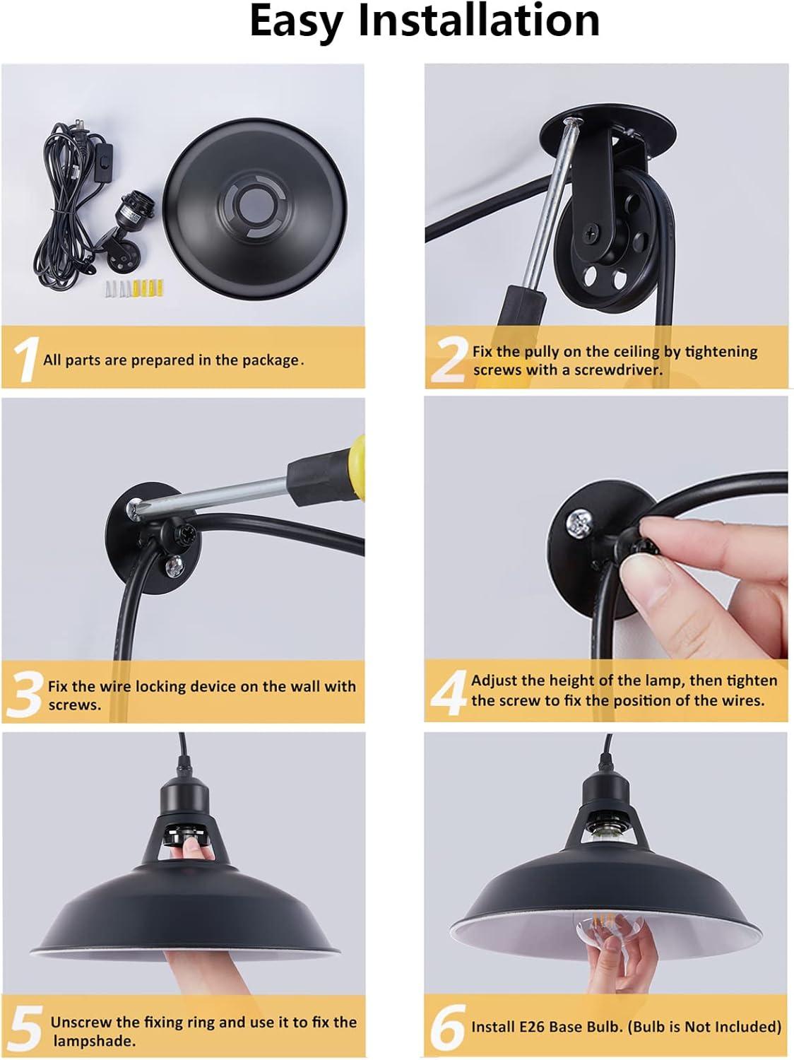 Plug in Pendant Light, Hanging Lamp with Black Barn Pendant Lighting with 14.76ft Cord On/Off Switch, Adjustable Pulley Hanging Pendant Lighting for Kitchen Bedroom Restaurant 2 Pack
