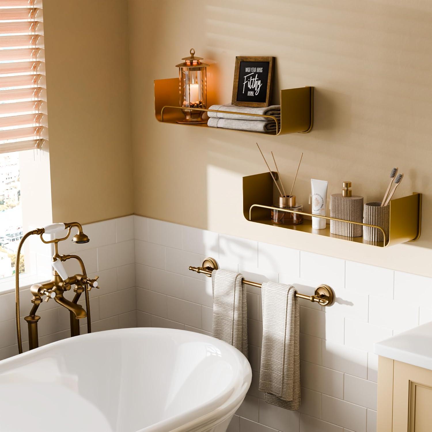 Mercer41 16 Inch Gold Floating Shelves Set Of 2, Modern Iron Bathroom Shelves With Guardrail, U-shaped Wall Mounted Shelf For Home Decor & Organizer, Display Shelf For Bathroom,kitchen,bedroom&any Room