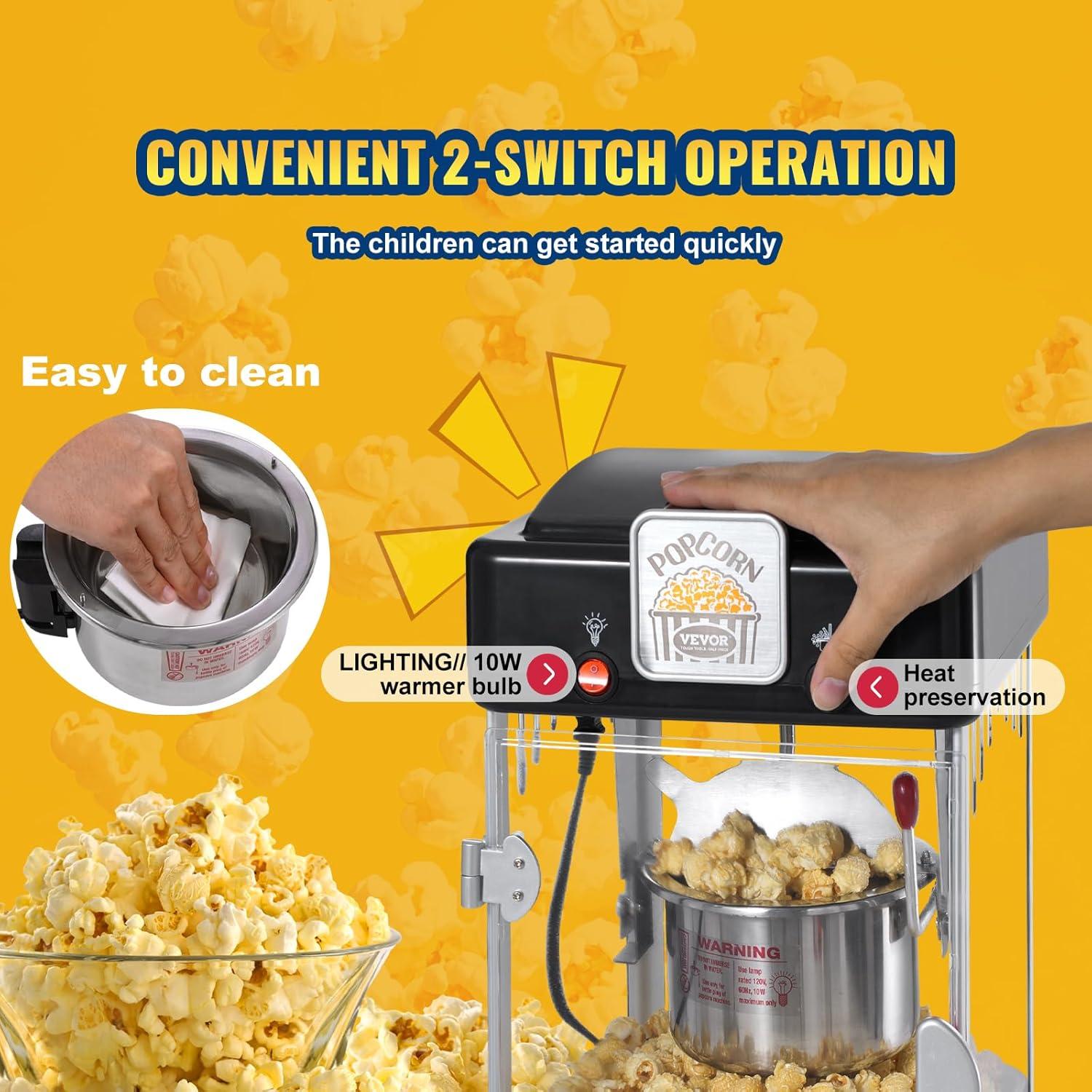 VEVOR Popcorn Maker, 300W Popcorn Popper Machine, 2.5 Oz Kettle Makes 4 QT per Batch, Tabletop Popcorn Maker with PP Door, Includes 2 Scoops and Tray, Movie Theater Style, Black