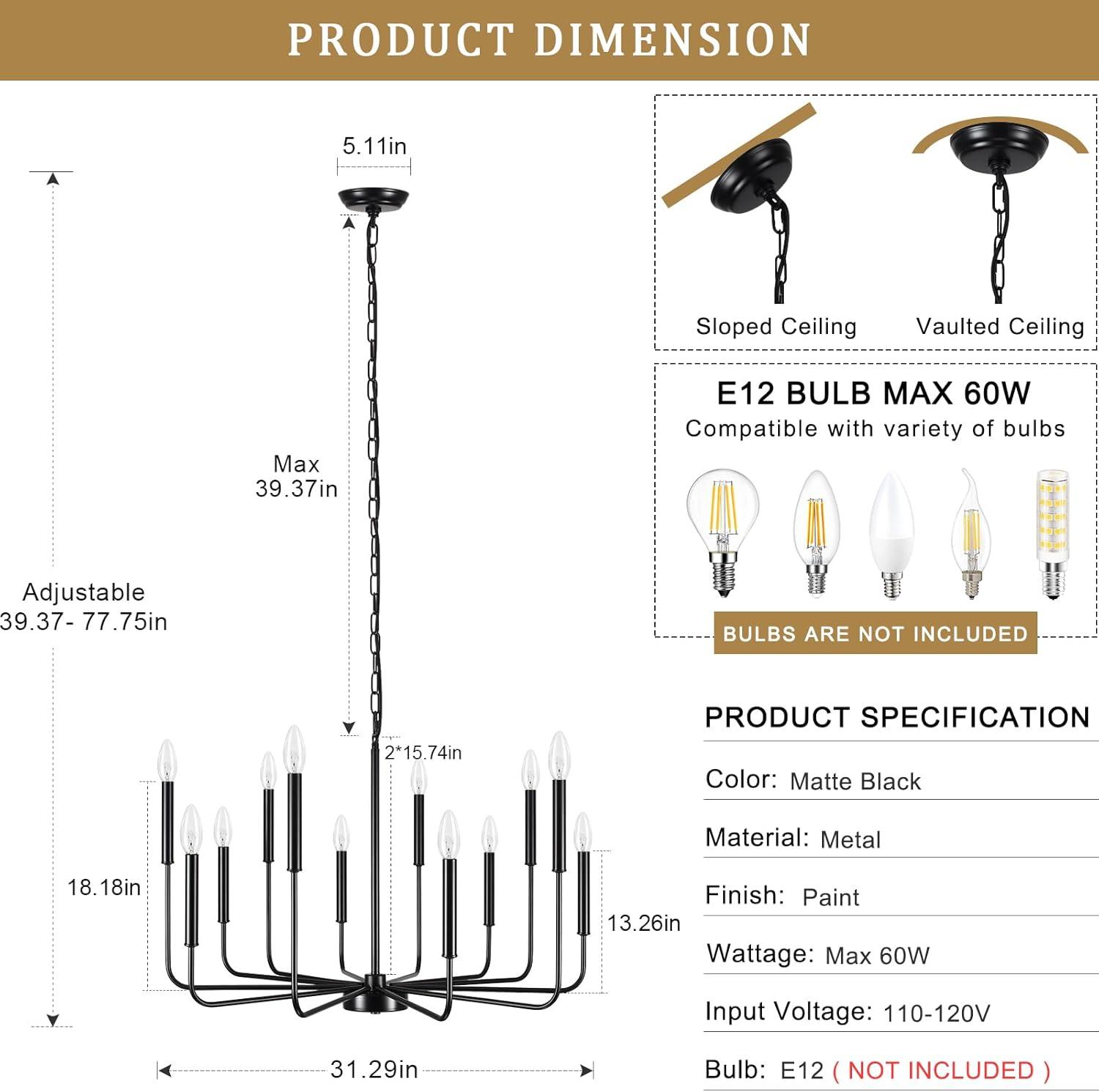 Vikaey Metal Black Chandelier, 12-Light Farmhouse Classic Candle Ceiling Hanging Light Fixture, Rustic Pendant Lighting for Kitchen Island, Dining Room, Living Room, Stair, UL Listed