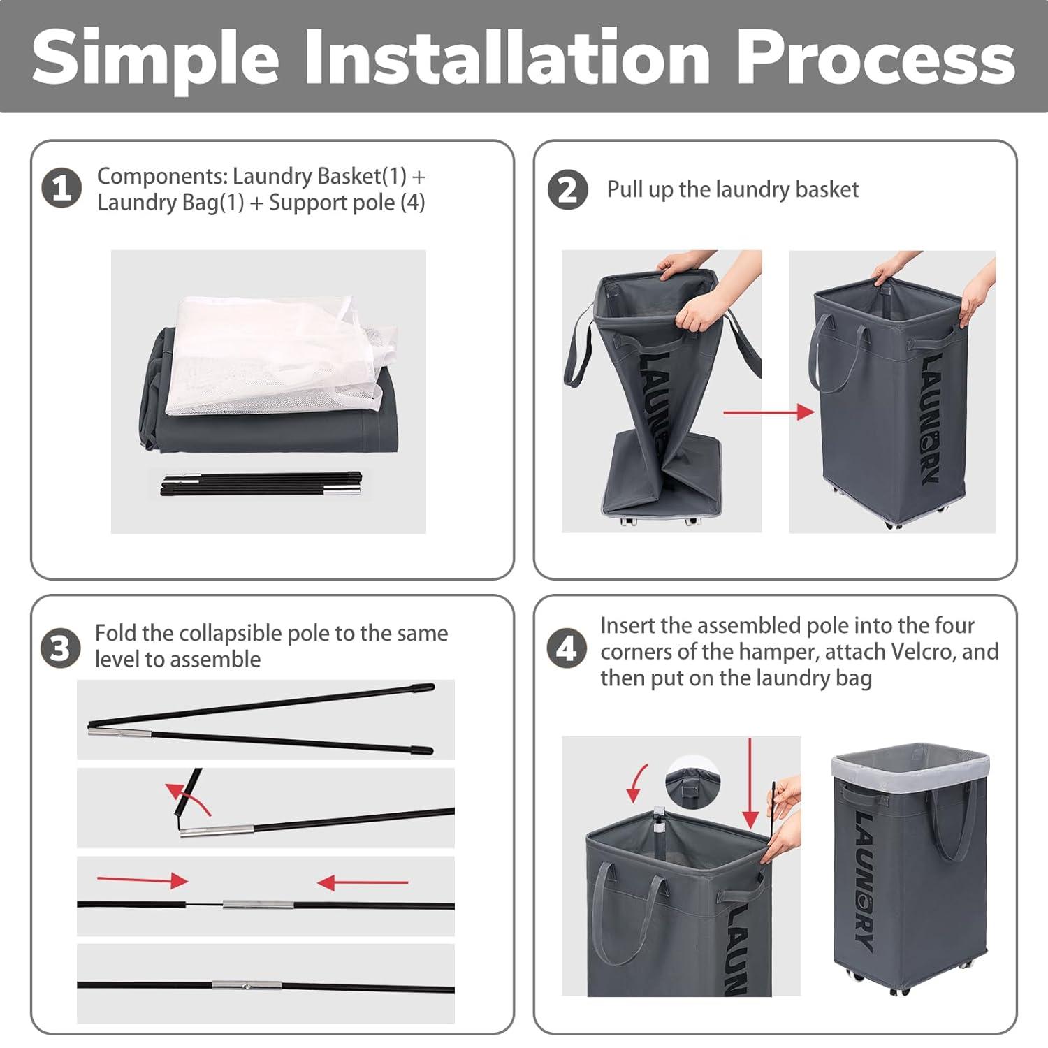 VOKIAL Laundry Basket With Wheels, 2PACK 75L Rolling Laundry Baskets With Removable Laundry Bags, Apartment Essentials, Collapsible Laundry Baskets, Laundry Bag, Corner Dorm Foldable Laundry Baskets, Slim Laundry Baskets