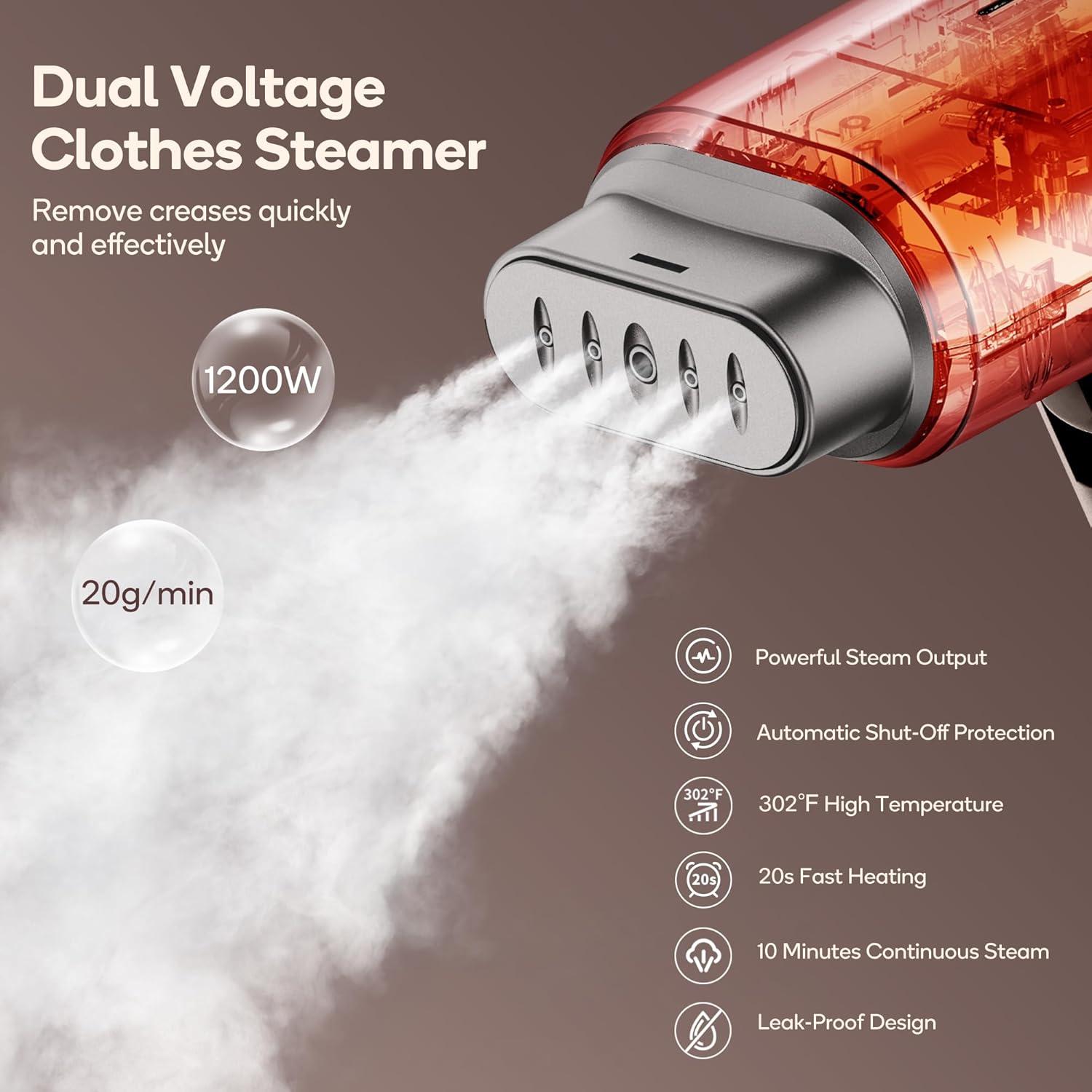 Newbealer Newbealer Travel Garment Steamer,100V-240V Handheld Powerful Steamer for Clothes,2 Adjustment Steaming,Self-cleaning,Brown
