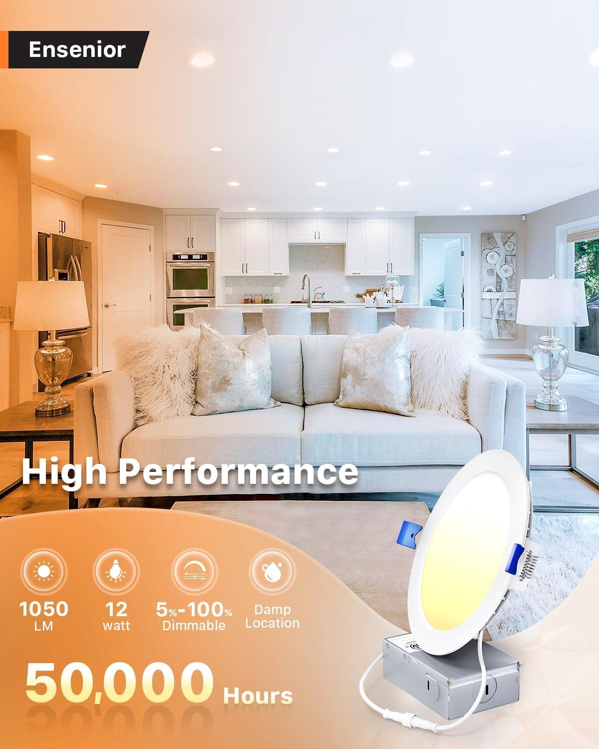 Ensenior 12 Pack 4 Inch Ultra-Thin LED Recessed Ceiling Light with Junction Box, 3000K/4000K/5000K Selectable, 9W 75W Eqv, Dimmable, 750LM High Brightness - ETL and Energy Star Certified 4 Inch 5000k/4000k/3000k - 3cct White