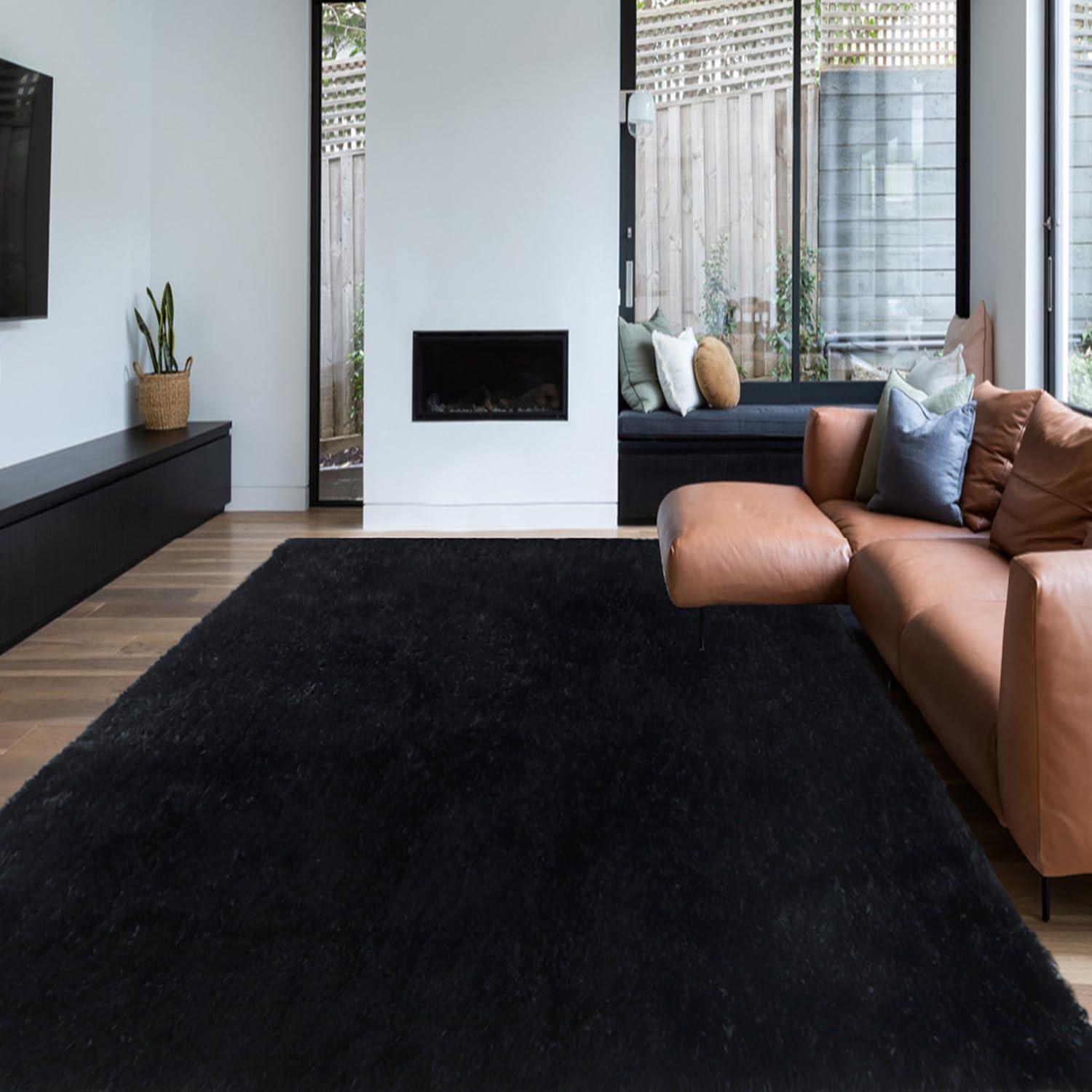 HT Design Rectengular Shag Area Rug, 5x7 Solid Color Low Pile Shag, Easy to clean, Pet Friendly, Soft Nursery Runner Rug for Living Rooms, Bedrooms, Black