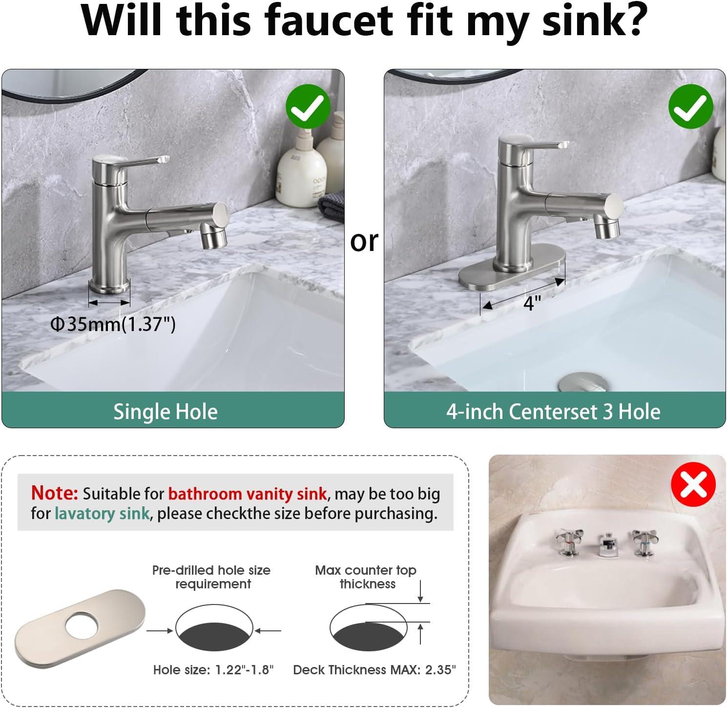 Single Handle 1 or 3-Hole Bathroom Faucet with Deckplate Included and Pull Out Sprayer in Brushed Gold