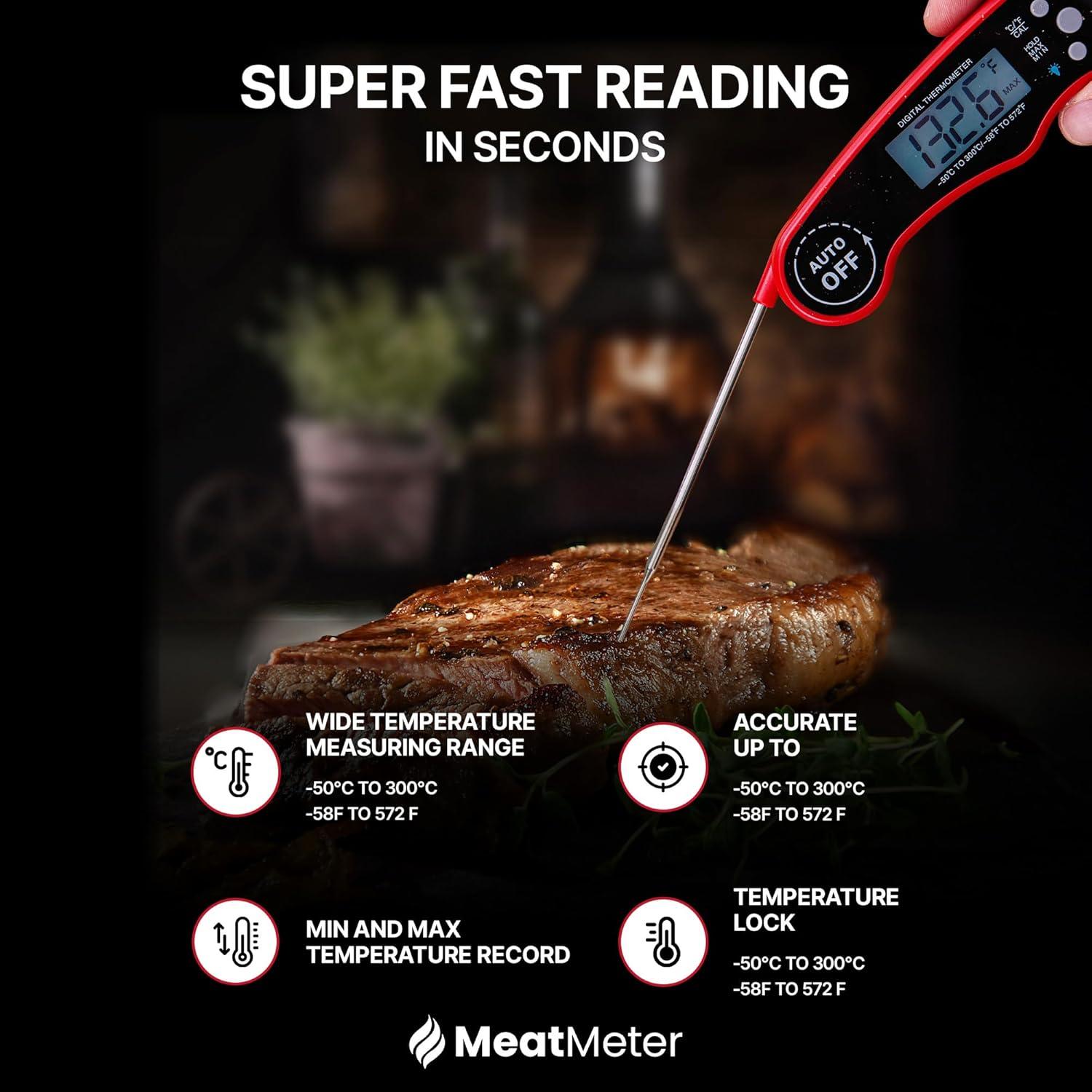 Digital Meat Thermometer for Grill/Cooking Fast Instant Read Waterproof Magnetic Probe Thermometer w/Backlight and Display for Kitchen, BBQ, Frying, etc. Chicken, Steak,or Burgers, Red