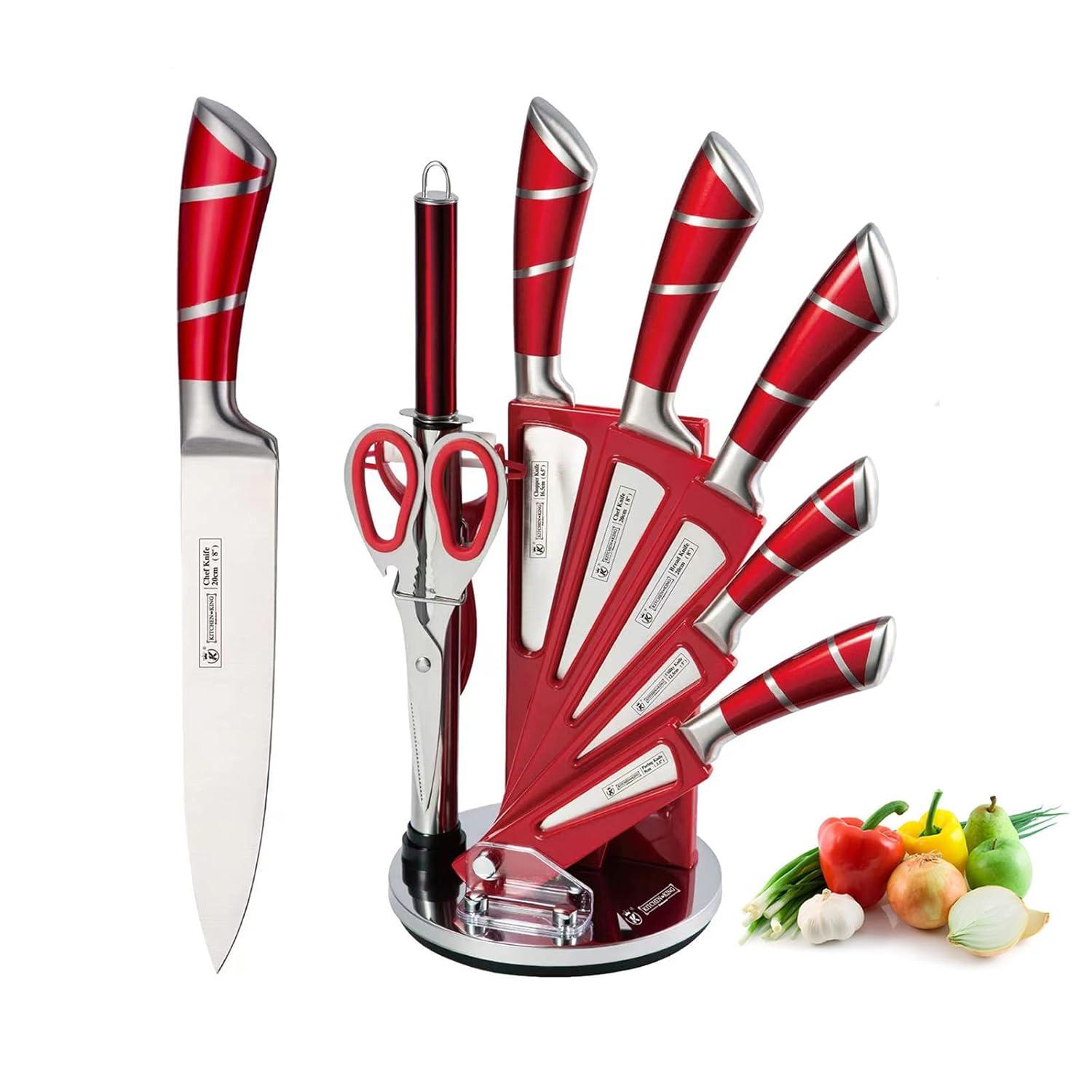 Red Stainless Steel 9-Piece Professional Kitchen Knife Set with Acrylic Holder