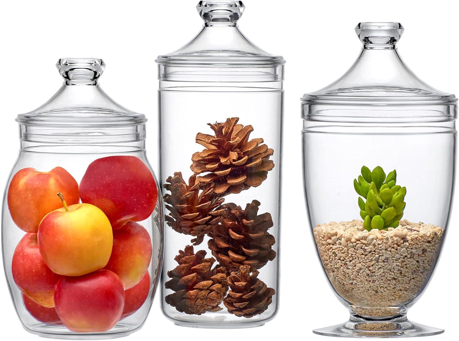Amazing Abby - Adore - Plastic Apothecary Jars (3-Piece Set, 52/46/46 oz), Acrylic Jars with Lids, Bathroom Canisters, Candy Buffet, Wedding Display, BPA-Free and Shatter-Proof (NOT Glass)