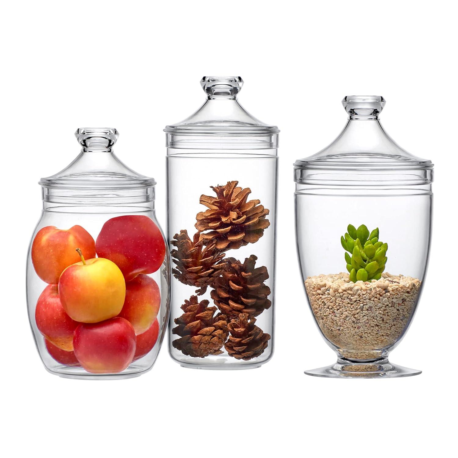 Amazing Abby - Adore - Plastic Apothecary Jars (3-Piece Set, 52/46/46 oz), Acrylic Jars with Lids, Bathroom Canisters, Candy Buffet, Wedding Display, BPA-Free and Shatter-Proof (NOT Glass)
