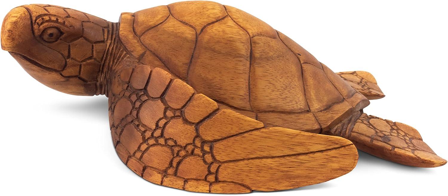 Handcrafted Mahogany Suar Wood Sea Turtle Sculpture, 12"