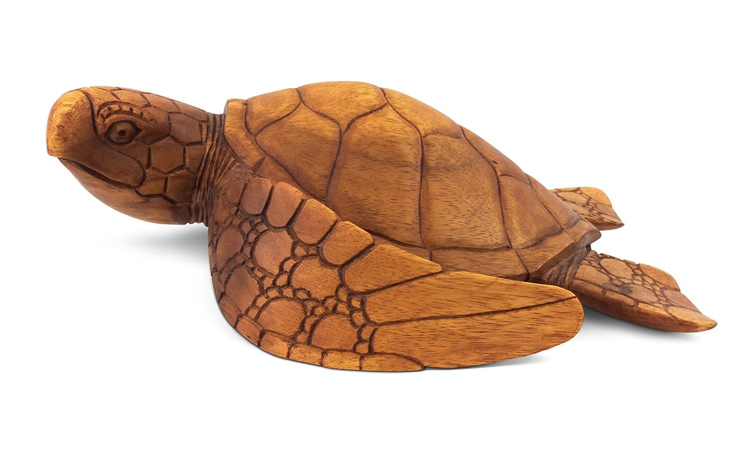 Handcrafted Mahogany Suar Wood Sea Turtle Sculpture, 12"
