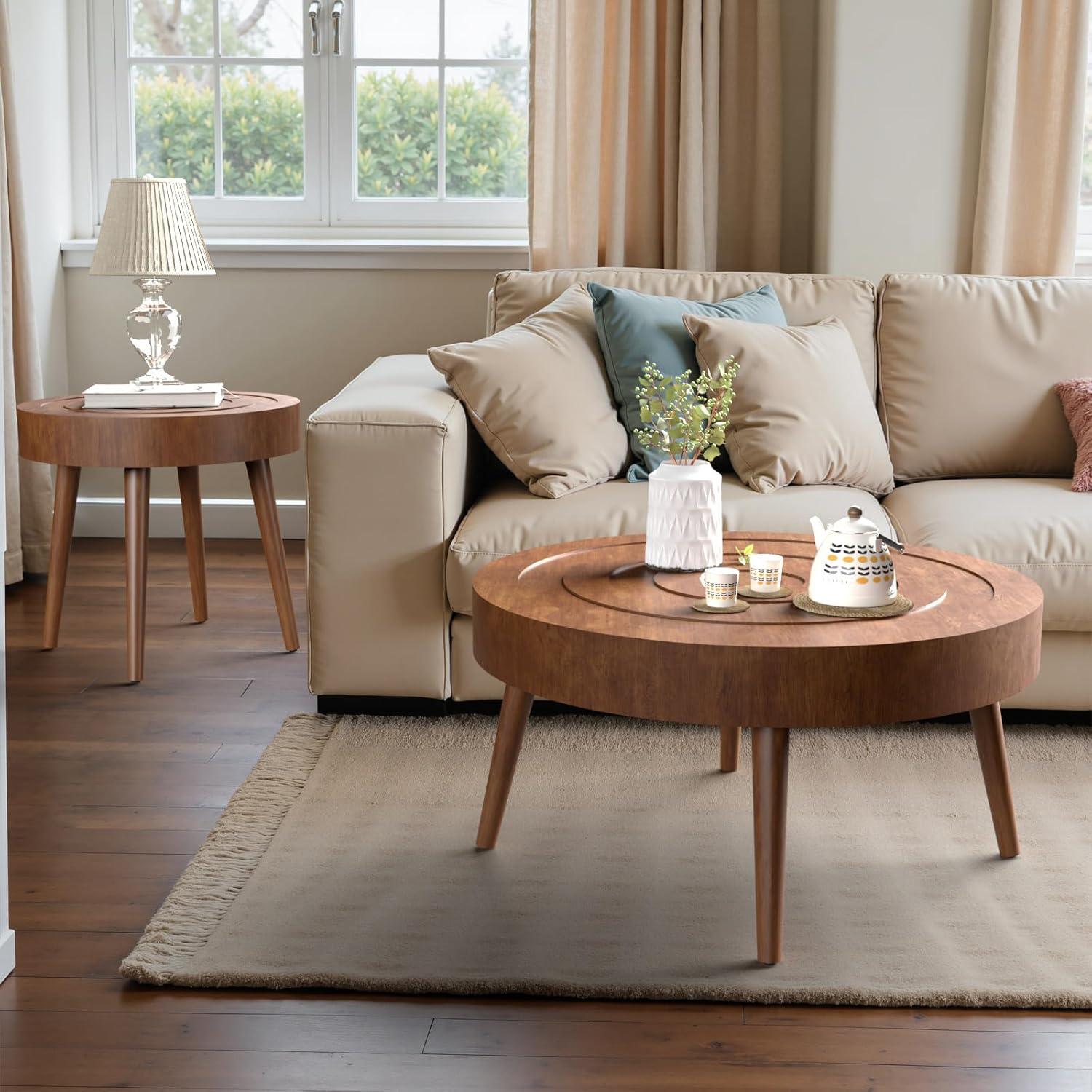 COSIEST 2 Piece Round Coffee Table Set, Modern Nesting Table with Handcrafted Wood Ring Motif, Farmhouse Wood End Table for Living Room