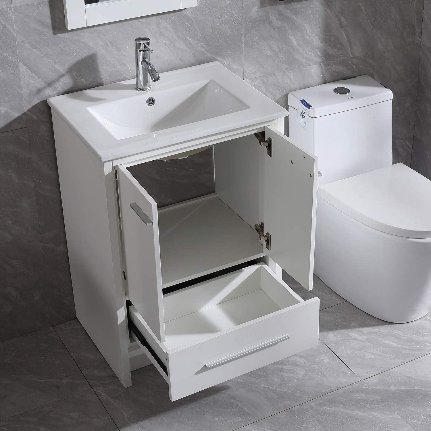 24 Inch Bathroom Vanity with Sink, Single Sink Bathroom Vanity, Modern Small Bathroom Vanity Cabinet with Mirror Sink Drain Faucet Set, White