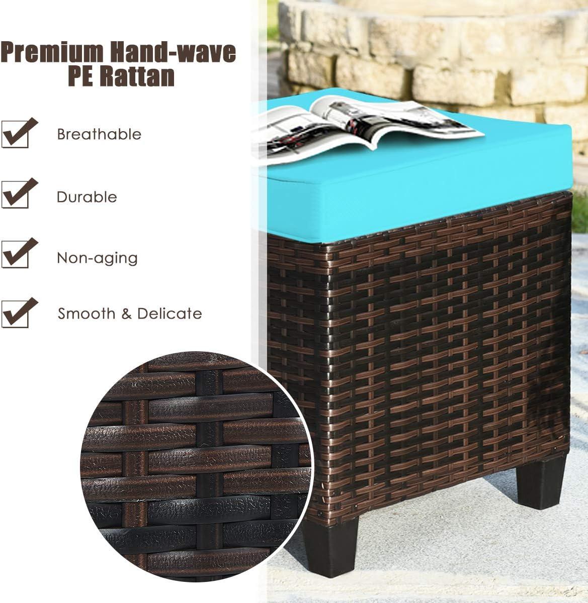 Costway 2PCS Patio Rattan Ottoman Cushioned Seat w/ Foot Rest Turquoise