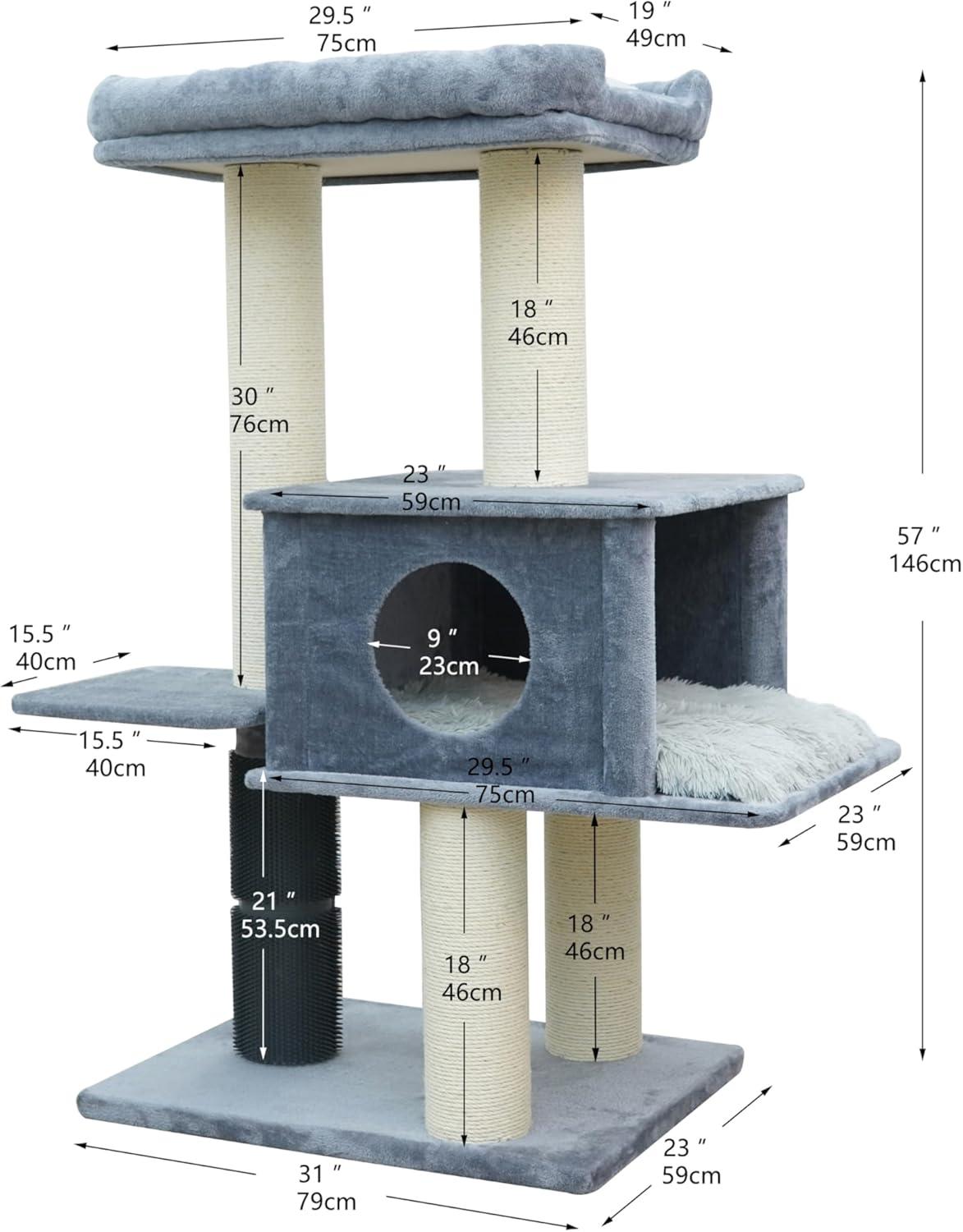 57" Cat Tree with Condo and Rubber Groomer