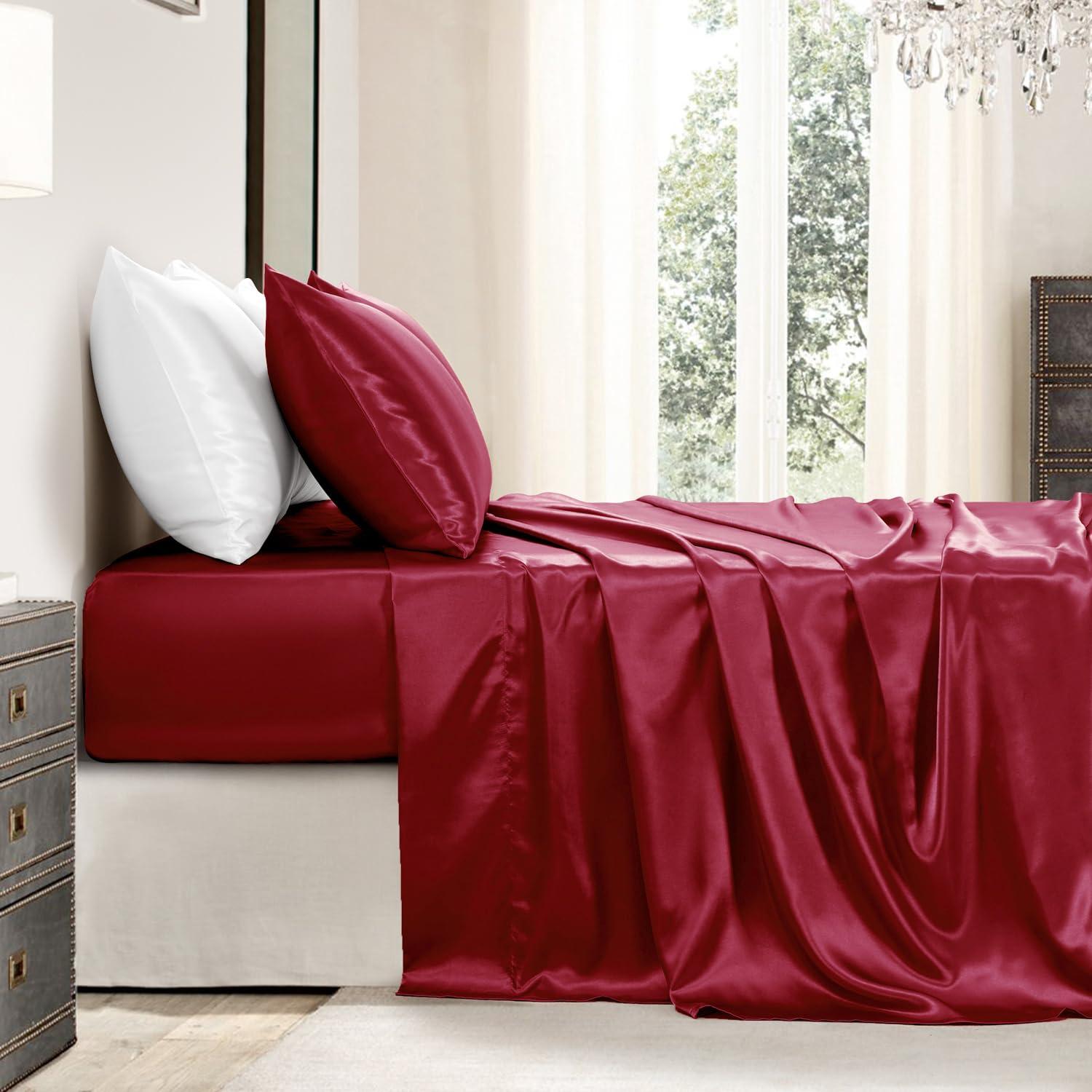 Cloud Fino Luxurious Satin Bed Sheets Burgundy Silk Sheets King 15 " Deep Pocket Pillowcases Sheet, 4-Piece