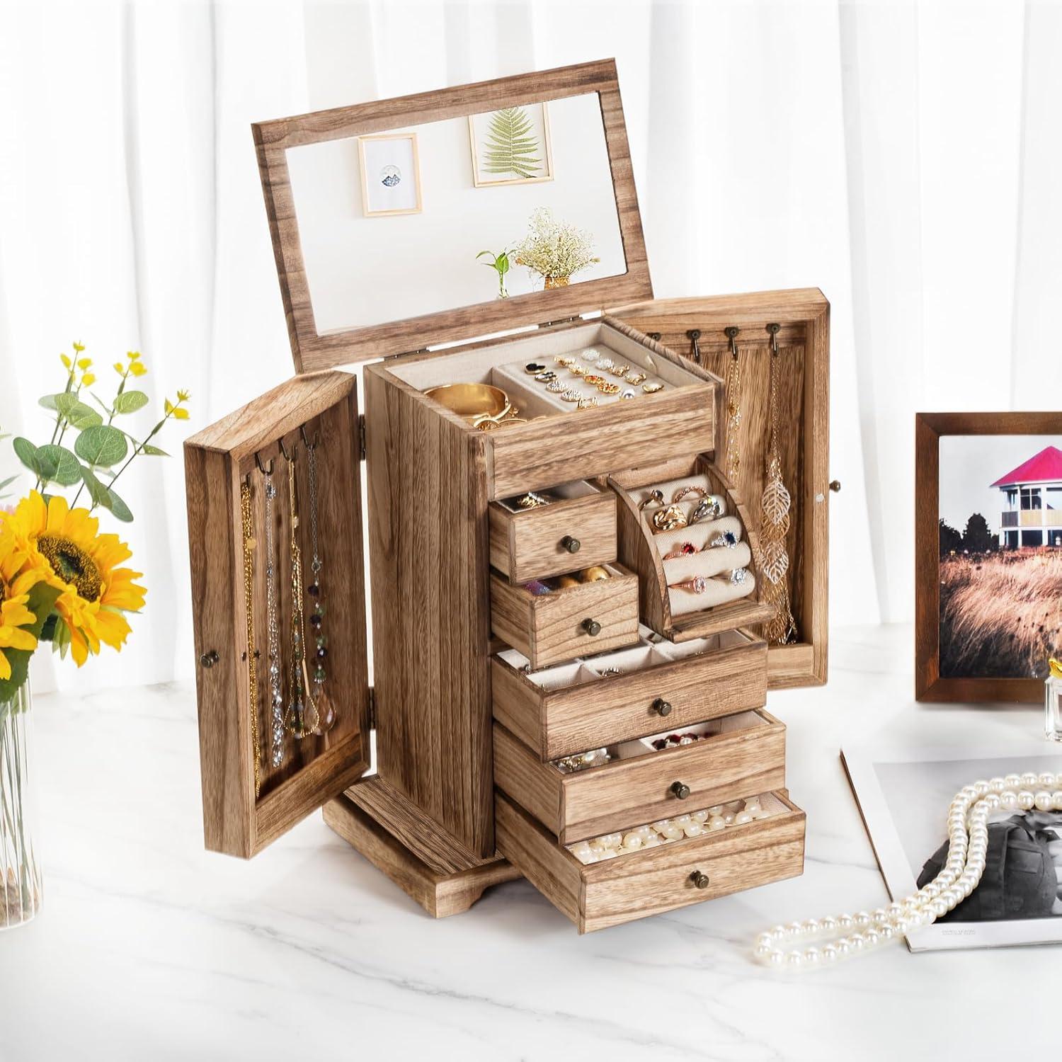 Loon Peak® Jewelry Box, Rustic Wooden Jewelry Boxes & Organizers With Mirror & Drawers,6 Layer Jewelry Organizer Box For Rings Earrings Necklaces Bracelets (Carbonized Black)