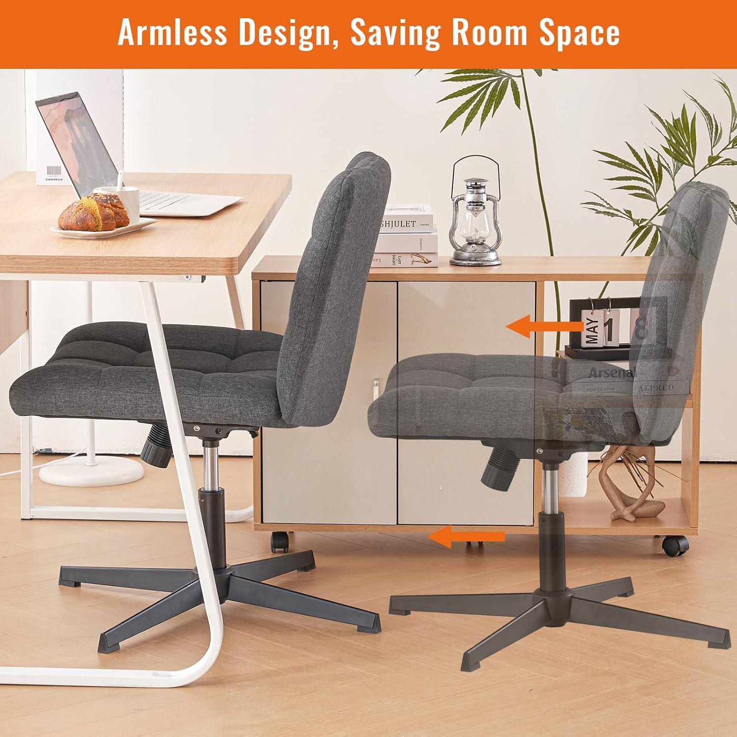 Furniliving Home Office Desk Chair with Wheels,Criss Cross Legged Wide Chair Armless Height Adjustable Chair with Mid Back Swivel Accent Vanity Chairs,Linen-Beige