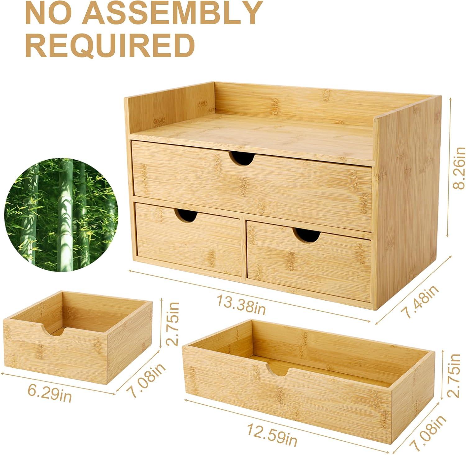 Bamboo Desk Organizer with 3 Drawers, Countertop Organizer with Drawers Makeup Storage Drawer 3 Drawers Tabletop Storage Organization Box Home Office Workspace