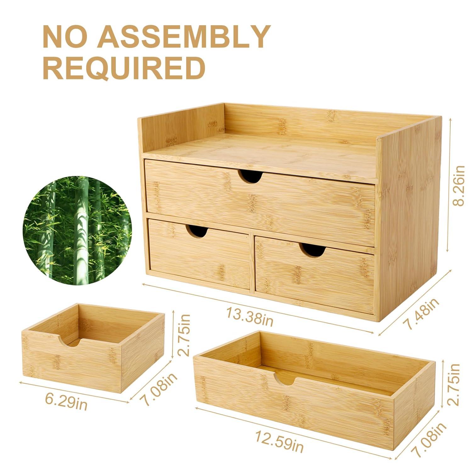 Bamboo Desk Organizer with 3 Drawers, Countertop Organizer with Drawers Makeup Storage Drawer 3 Drawers Tabletop Storage Organization Box Home Office Workspace