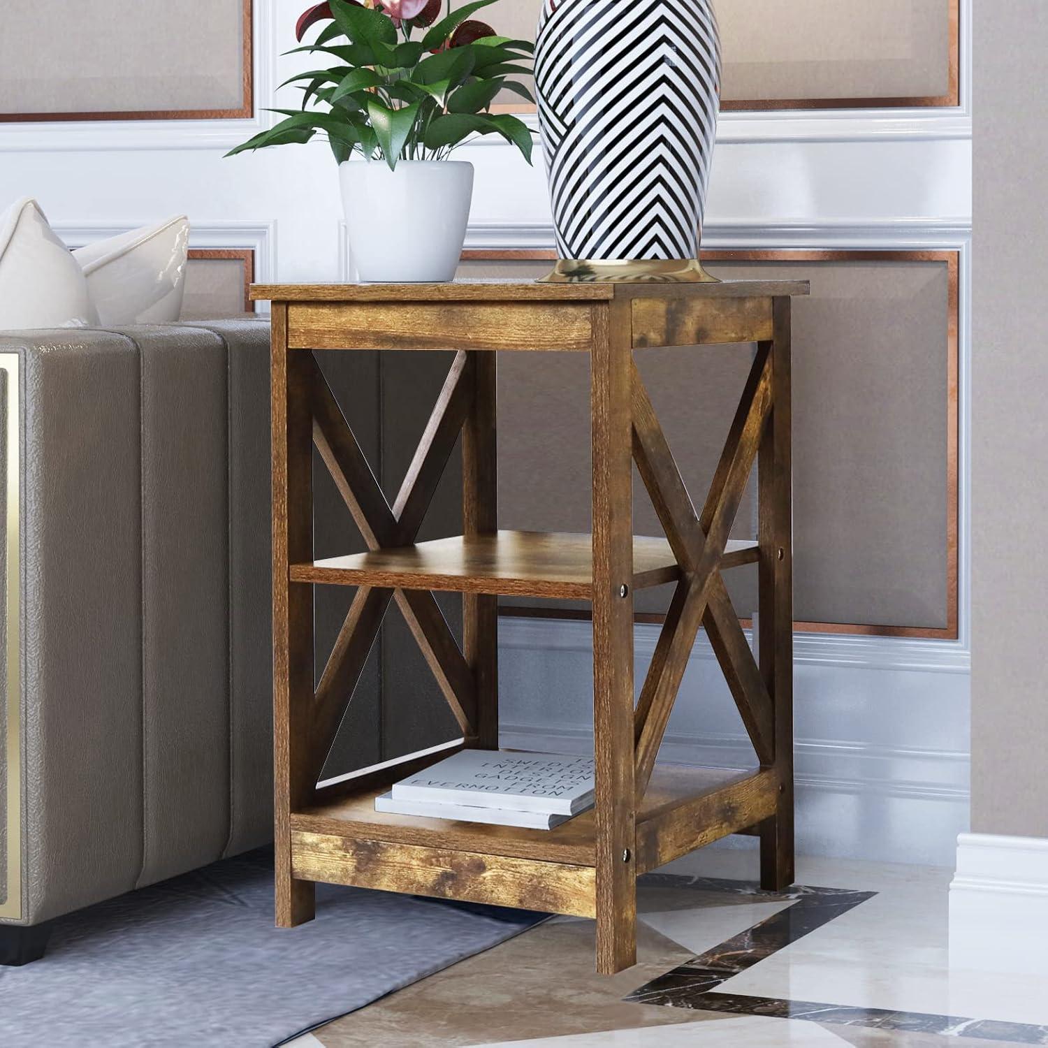 Rainbow Sophia Side Table, Modern Farmhouse Wood End Table with 3-Tier Storage, Rustic Wood