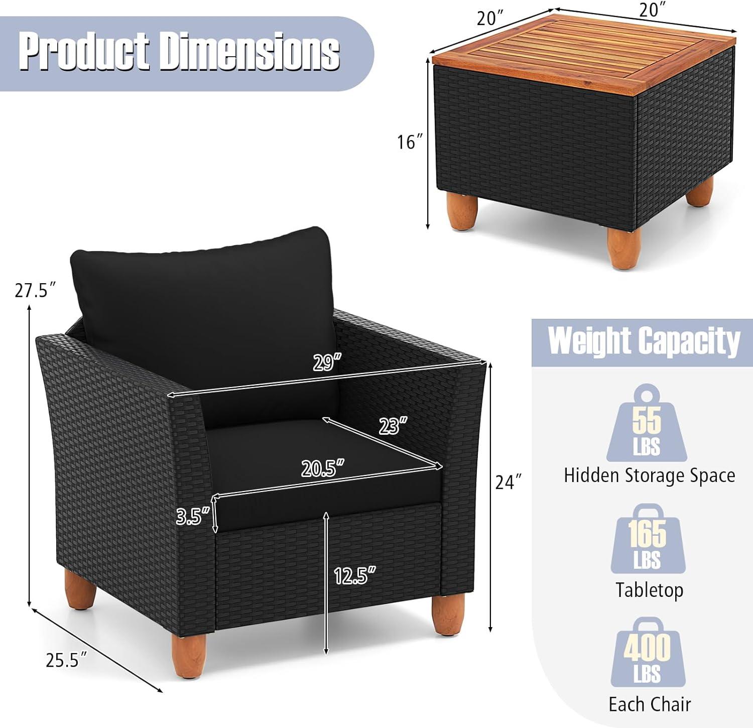 Costway 3PCS Outdoor Patio Rattan Furniture Set Wooden Table Top Cushioned Sofa Black