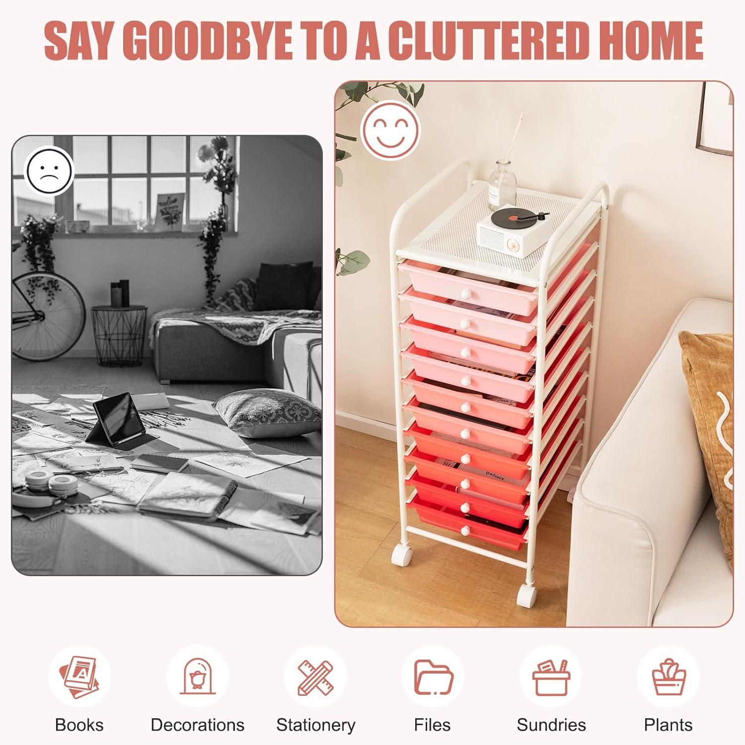 Giantex 10-Drawer Storage Cart w/Universal Wheel, Rolling Cart w/Handle, Home Organizer Storage Unit w/Removable Drawers, Trolley Utility Cart for Kitchen Makeup Living Room Office Play Room