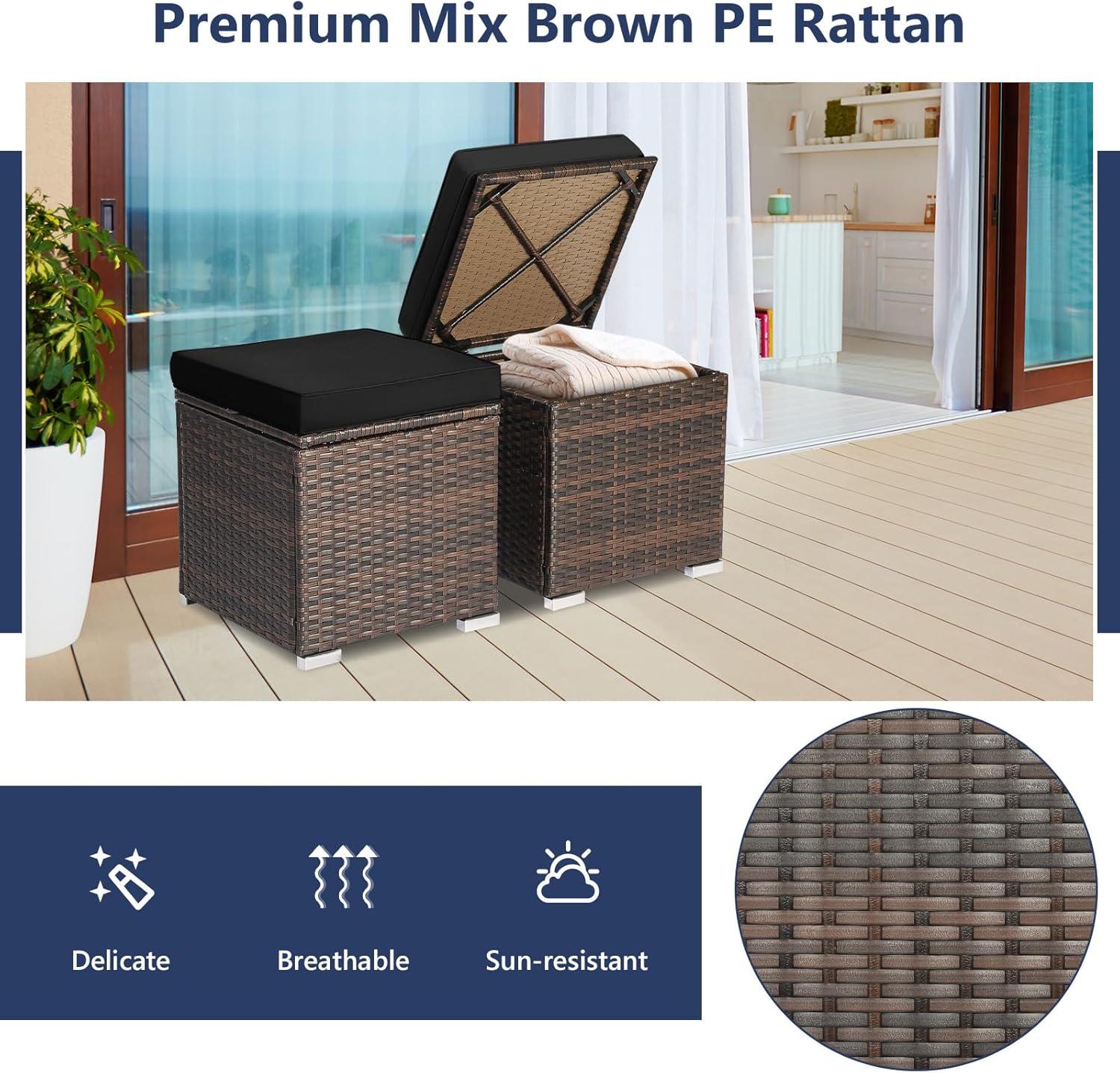 Navy Cushioned PE Rattan Storage Ottomans Set