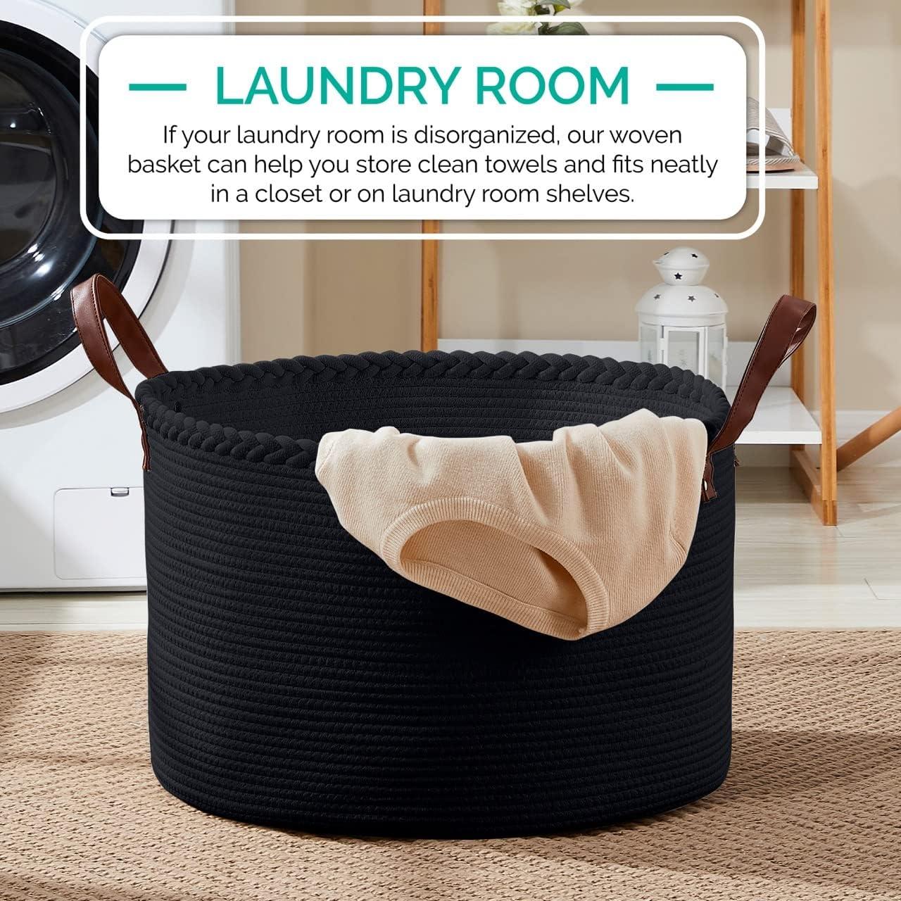 XLarge Round Cotton Rope Storage Basket Bin Organizer Laundry Hamper with Leather Handles, 21 x 21 x 14, Extra Large Blanket Woven Toy Basket for Baby Nursery - Cream