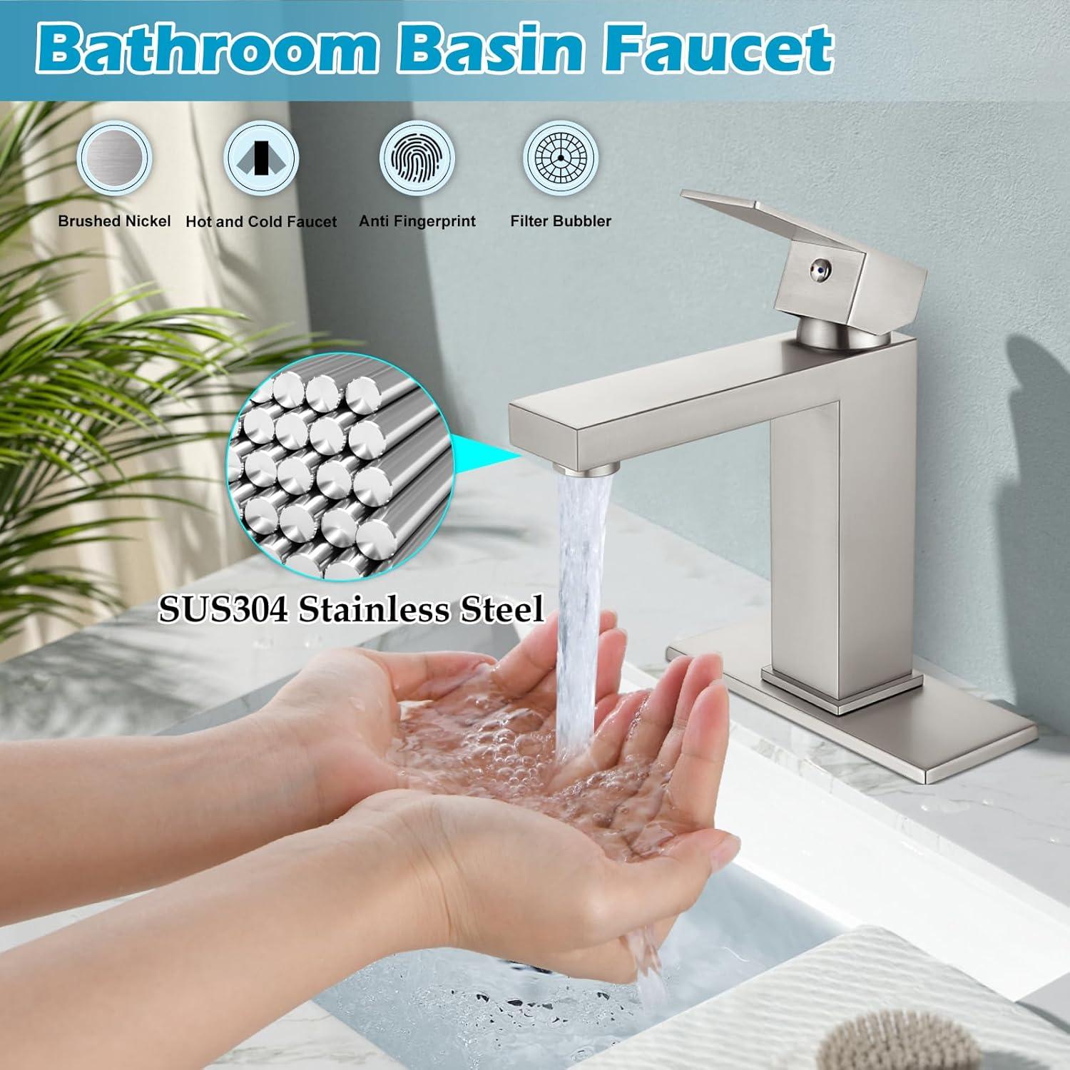 Midanya Bathroom Sink Faucet 1 Hole Single Handle Deck Mount Lavatory Bathroom Faucet Include Cover Plate Stainless Steel Commercial,with Pop Up Drain,Brushed Nickel