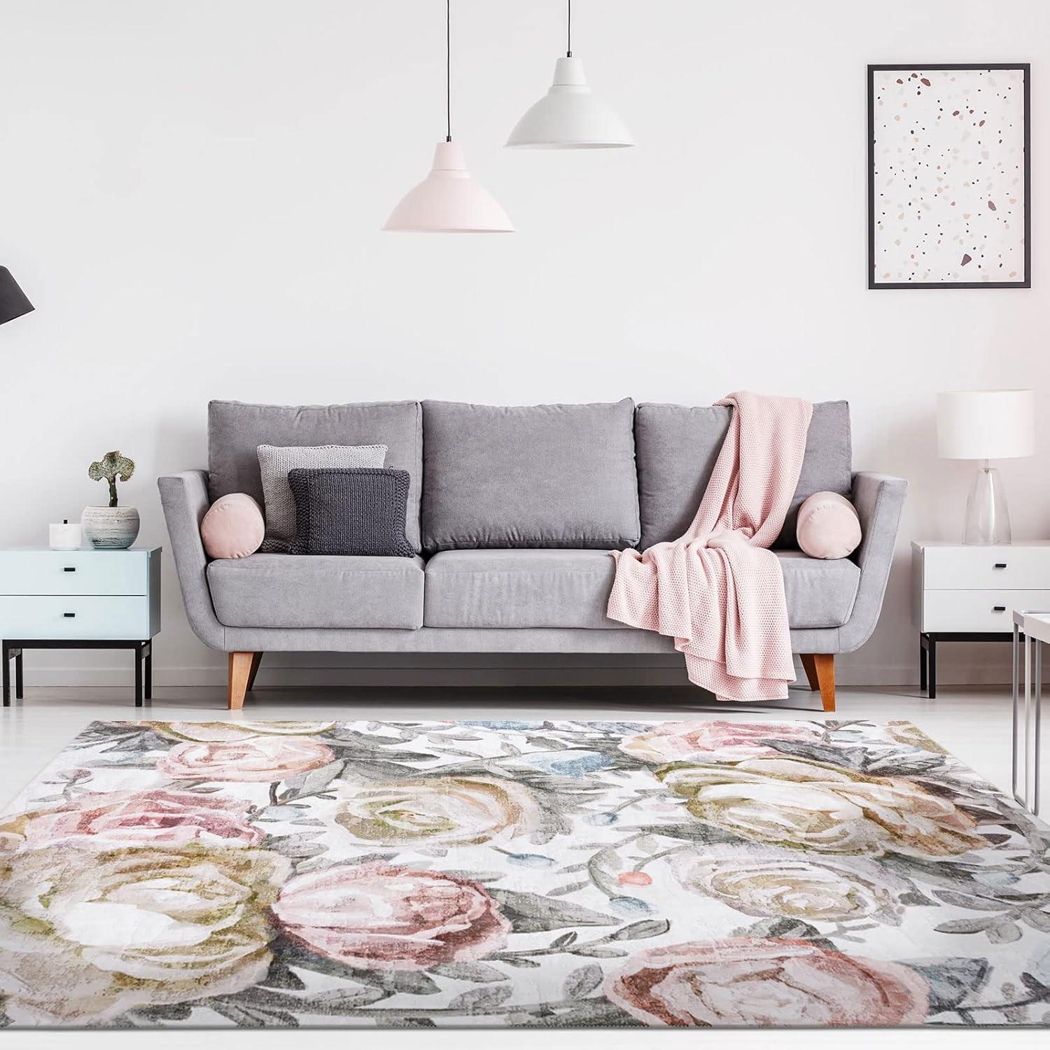Jasmine Modern Flower Design Machine Washable Area Rug Pink/Yellow/Ivory Multi