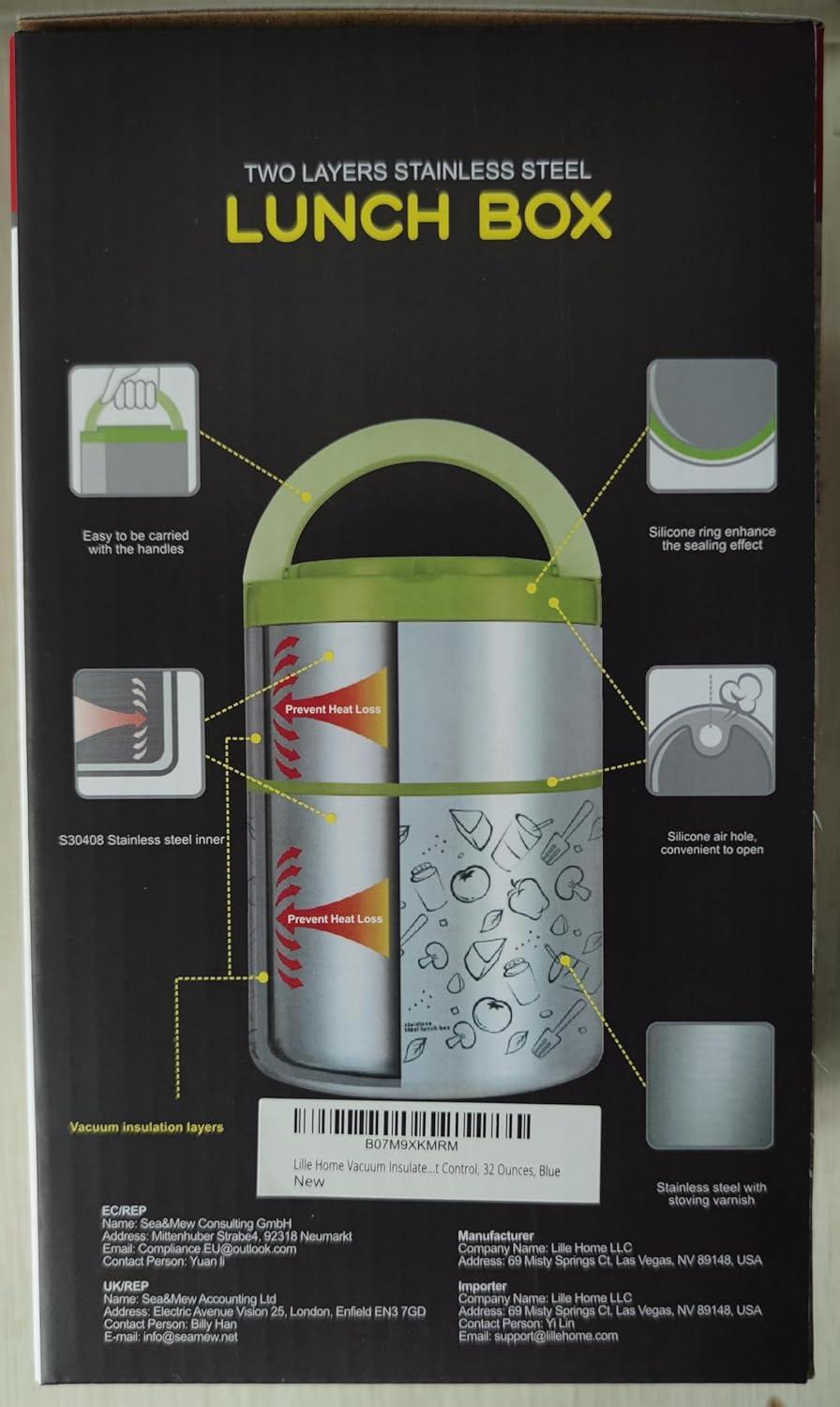 Lille Home Vacuum Insulated Stackable Stainless Steel Thermal Lunch/Snack box, 2-Tier Bento/Food Container with Lunch bag, Smart Diet, Weight Control, 32 Ounces, Blue