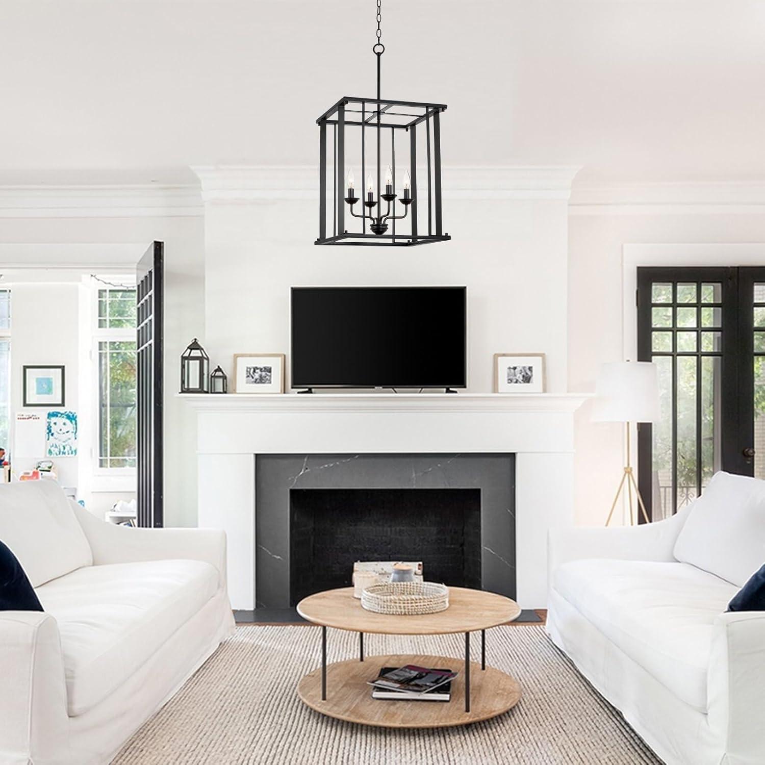 Kira Home Samson 32 " Farmhouse Lantern Cage Pendant Light, Open Frame Design, Adjustable Foyer Chandelier, Black