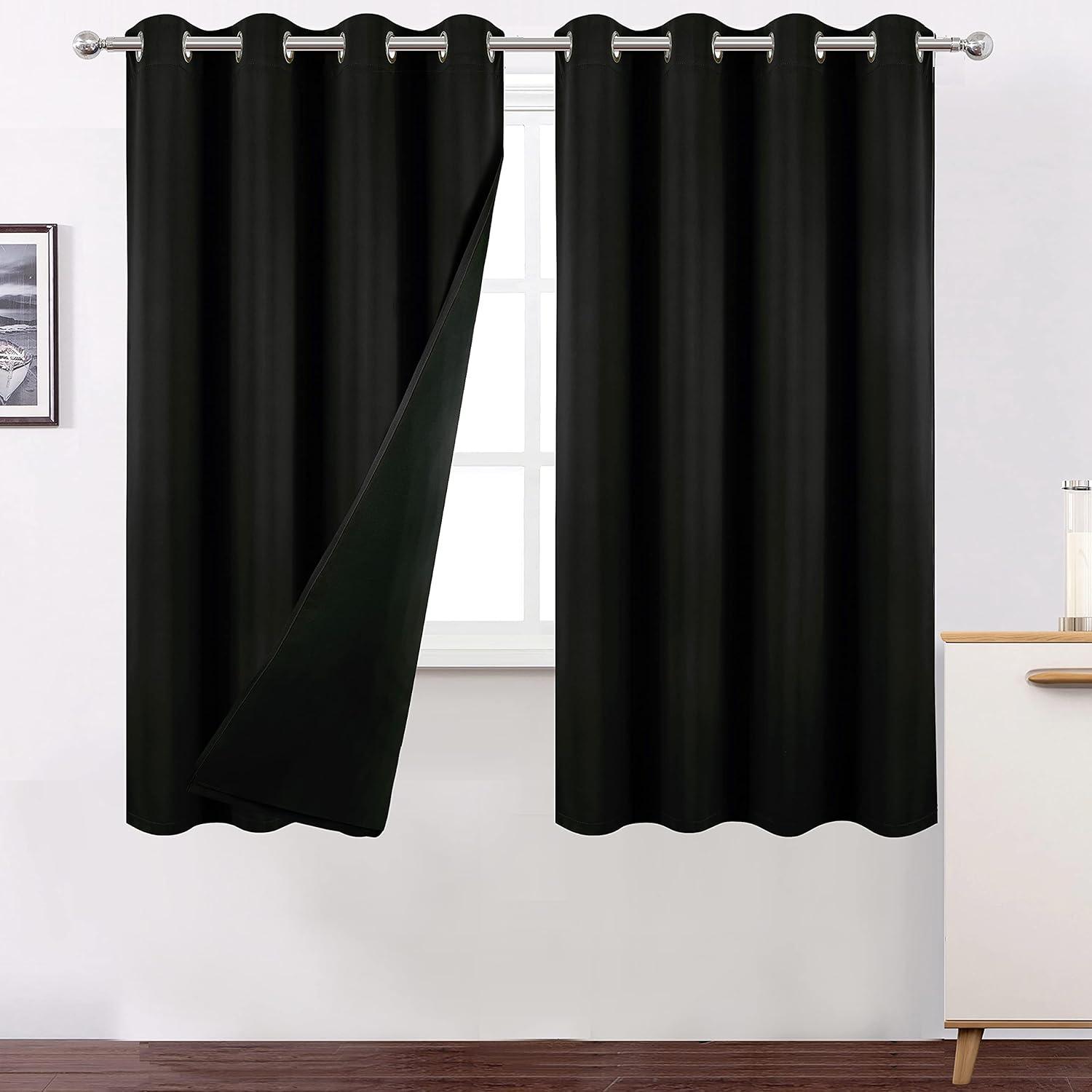 Coodeto Short Blackout Curtains Black, Set of 2, W52 x L63 - Blackout Curtains for Kitchen and Kids Bedroom