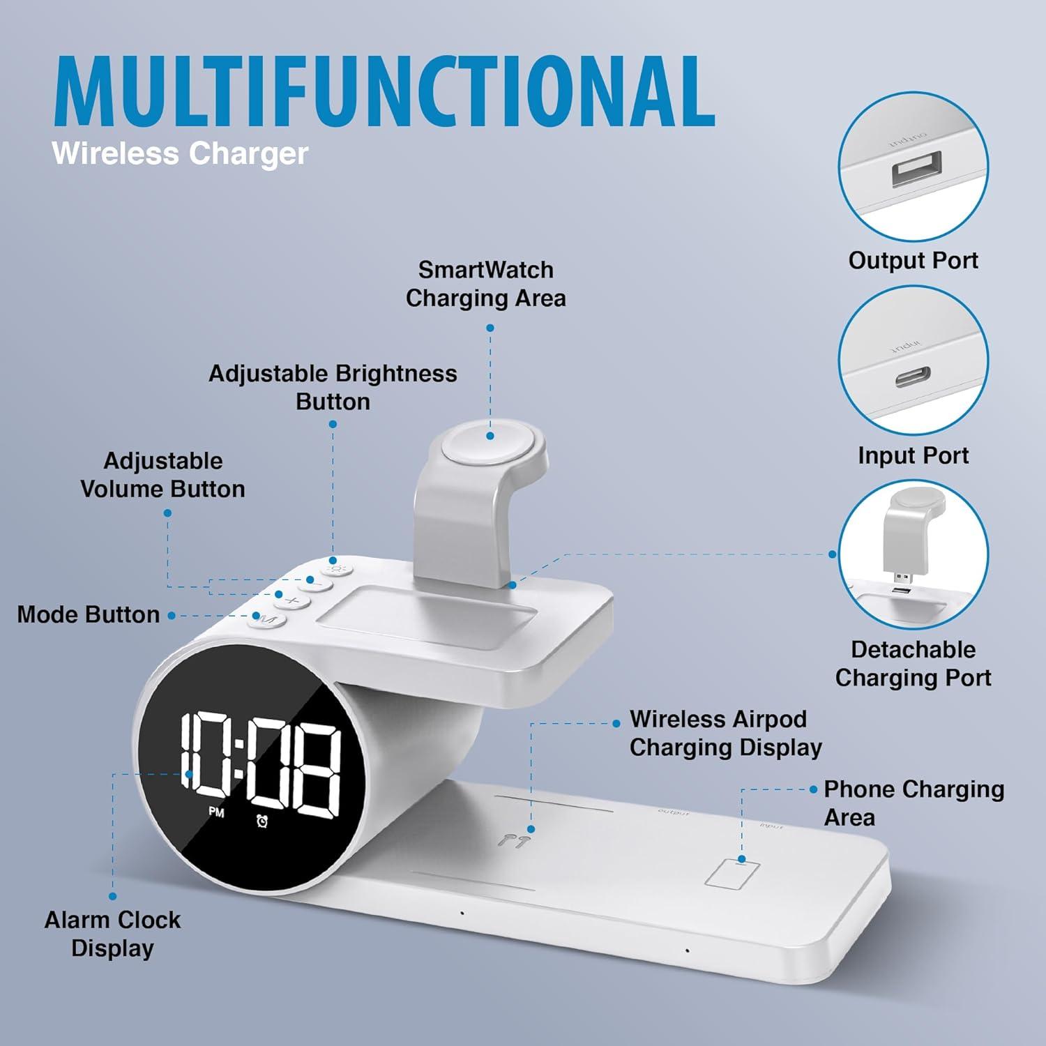 Brookstone 4-in-1 Wireless Charging Station: Stylish | Compatible for iPhone 15,14,13,12 Pro Max Series, All iWatch Series, Compatible with Airpods 3,2 Pro| Wireless Charging Station with Clock.