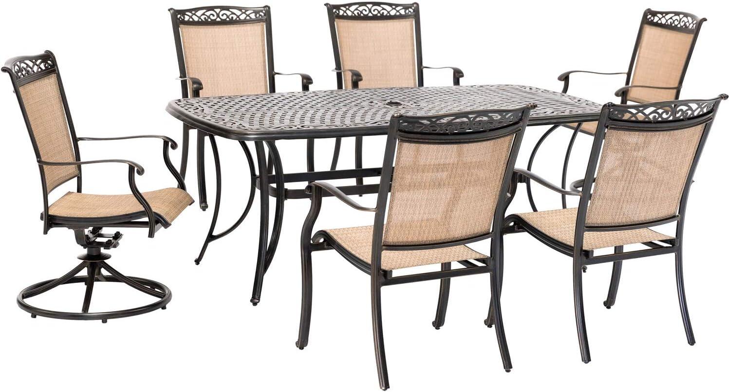 Hanover Fontana 7-Piece Outdoor Dining Set with 2 Sling Swivel Rockers, 4 Sling Chairs, and a 38-In. x 72-In. Cast-Top Table