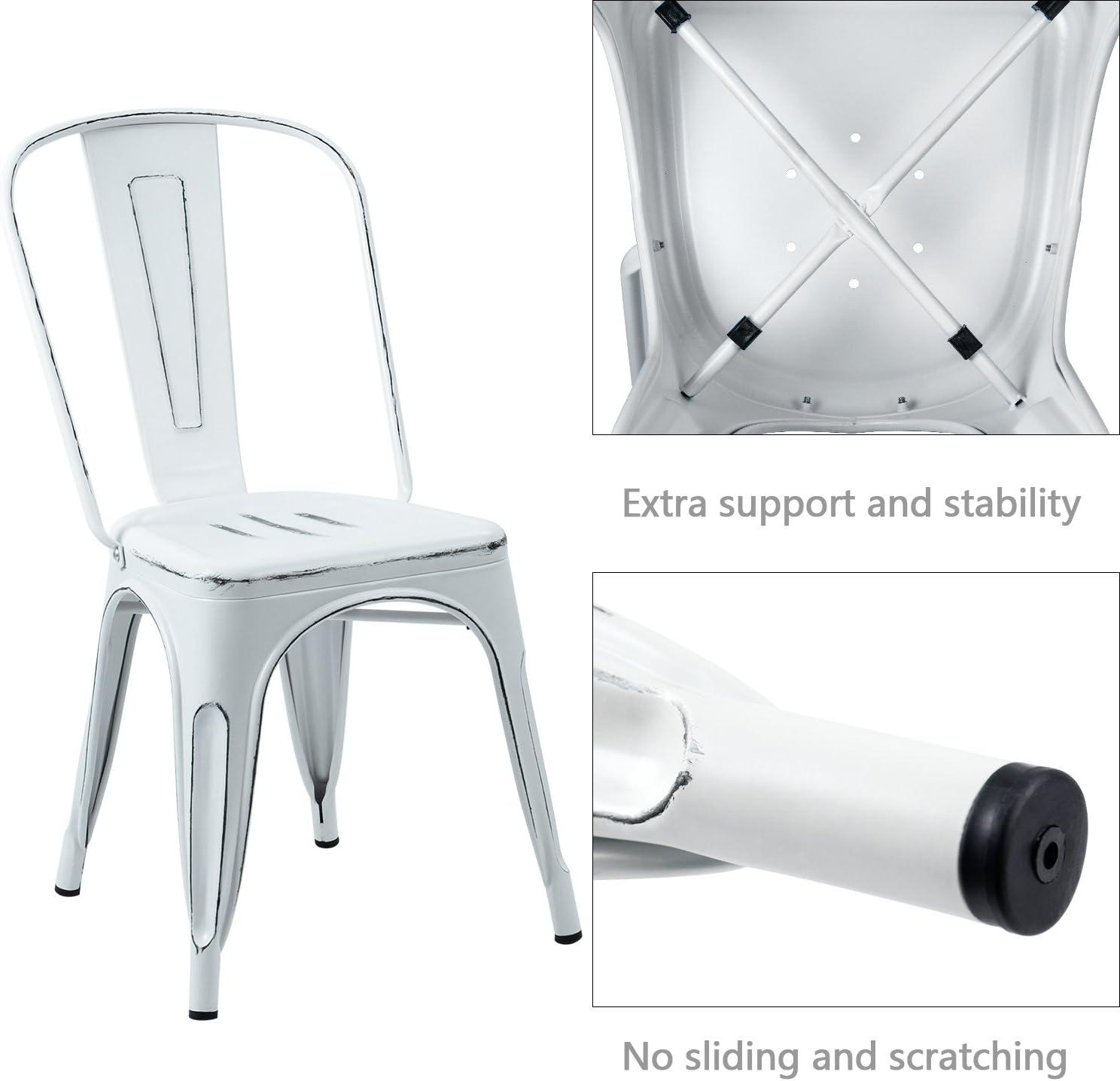 JUMMICO Metal Dining Chair Stackable Indoor Outdoor Industrial Vintage Chairs Bistro Kitchen Cafe Side Chairs with Back Set of 4 (Distressed White)