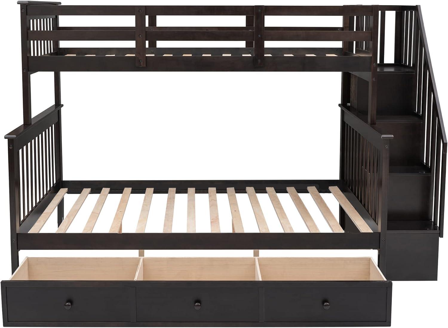 Twin Over Full Bunk Bed Frame With Storage Drawers, Shelves, Guardrails and Stairs for Kids, Teens and Adults - Espresso